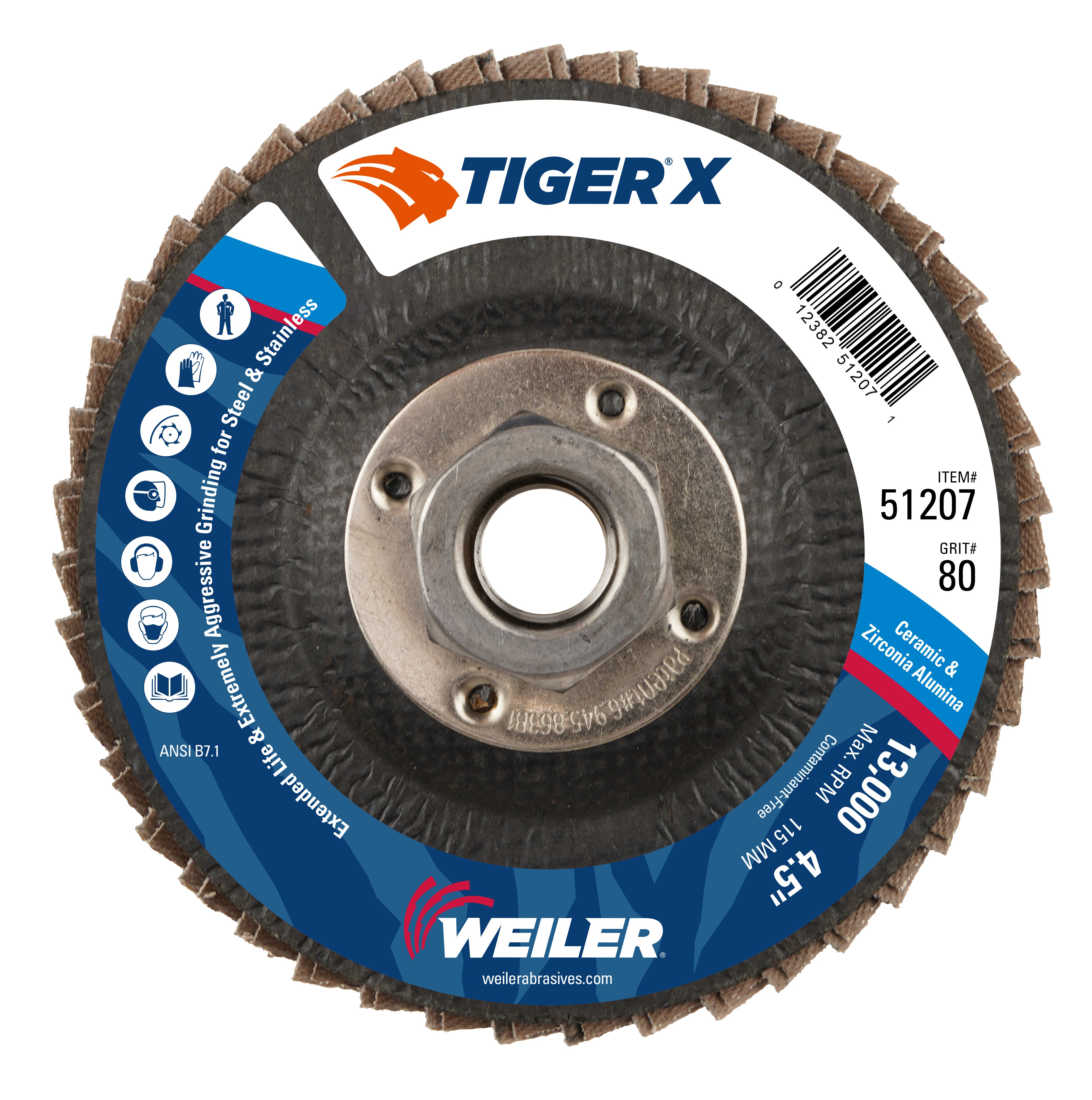 Tiger&reg; X 51211 Standard Density Coated Abrasive Flap Disc, 5 in Dia Disc, 7/8 in Center Hole, 80 Grit, Medium Grade, Zirconia Alumina/Ceramic Alumina Abrasive, Type 29/Angled Disc