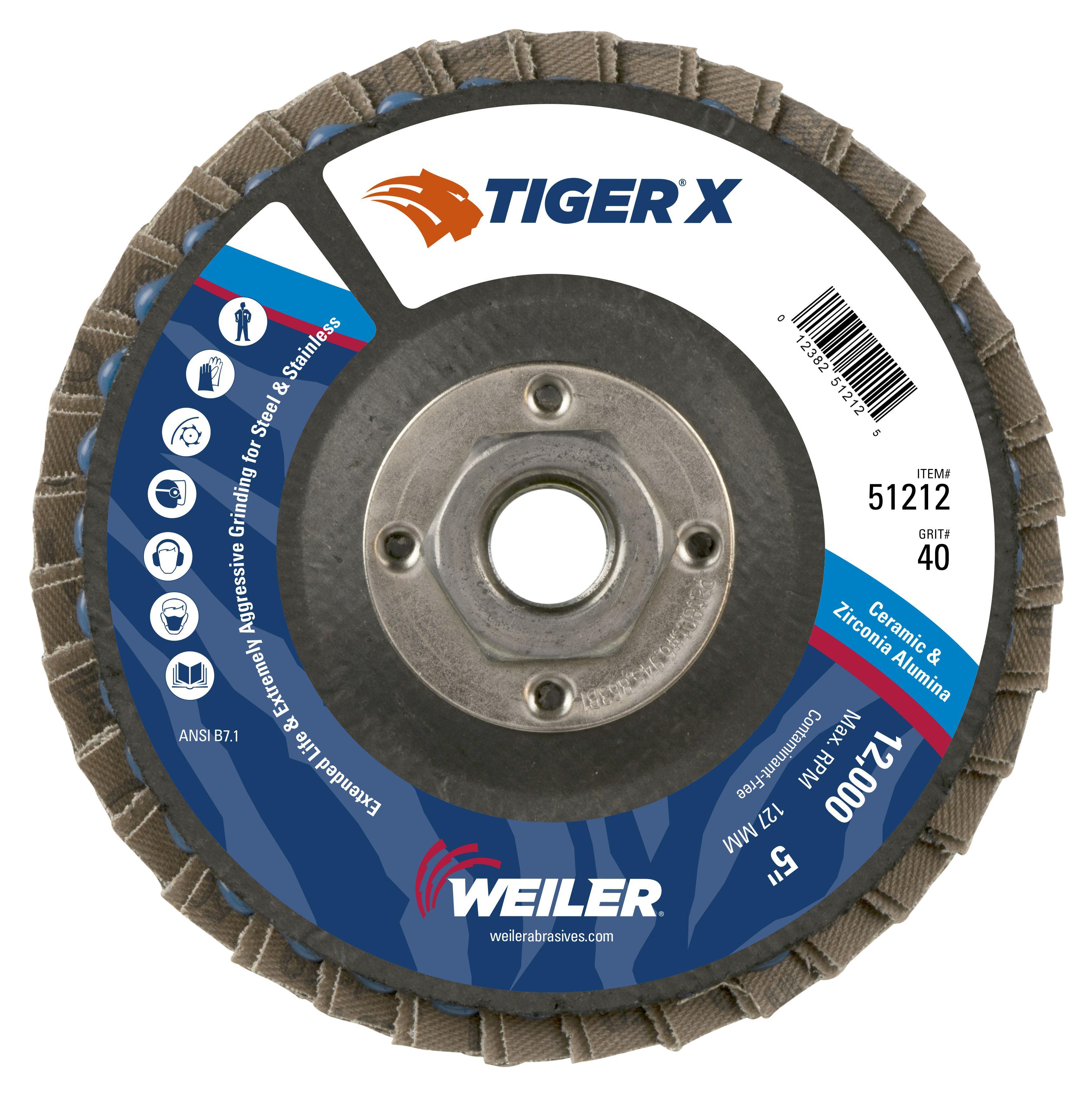 Tiger® X 51207 Standard Density Coated Abrasive Flap Disc, 4-1/2 in Dia Disc, 80 Grit, Medium Grade, Zirconia Alumina/Ceramic Alumina Abrasive, Type 29/Angled Disc
