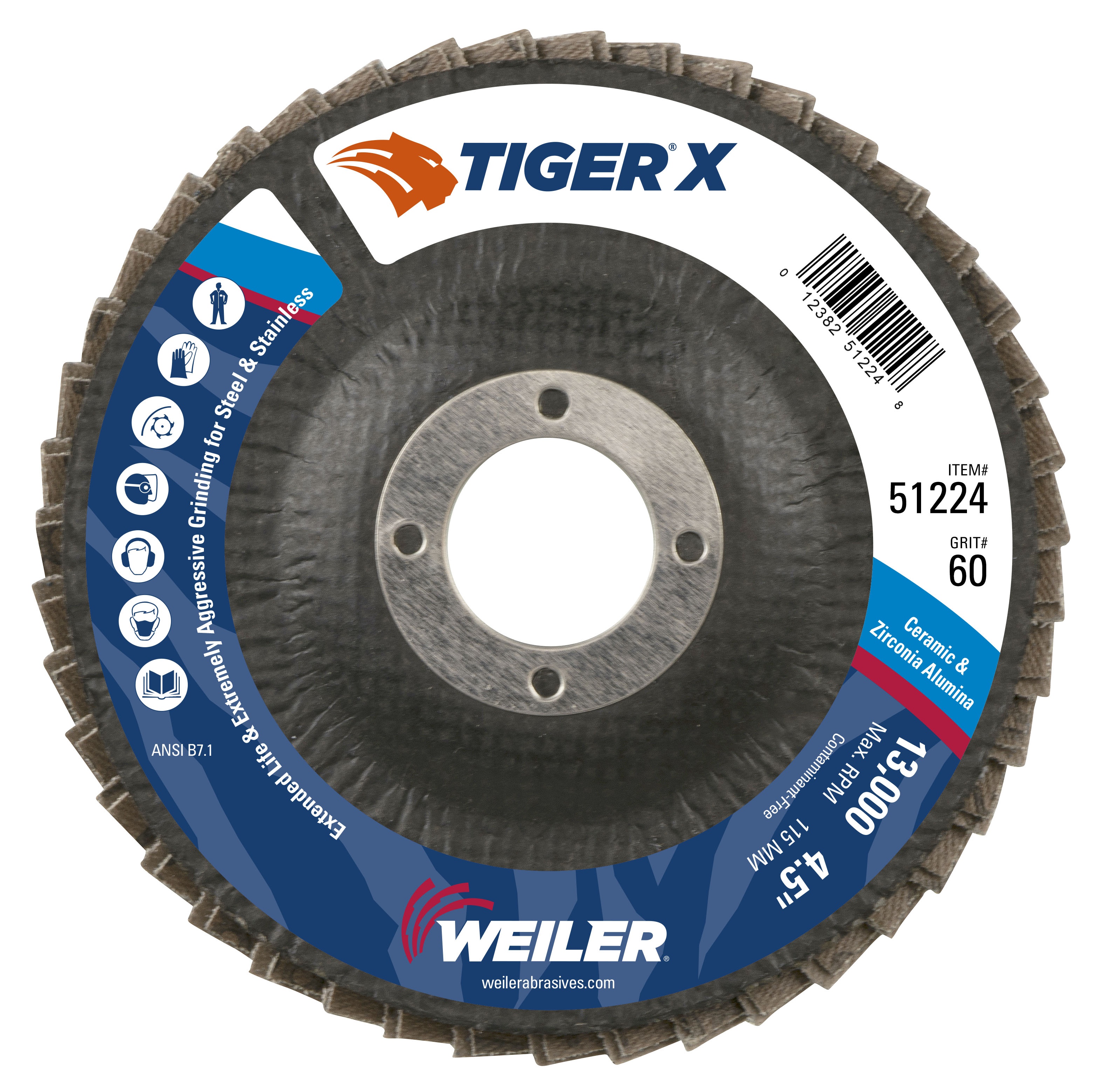 Tiger&reg; X 51233 Standard Density Coated Abrasive Flap Disc, 7 in Dia Disc, 60 Grit, Medium Grade, Zirconia Alumina/Ceramic Alumina Abrasive, Type 27 Flat Disc