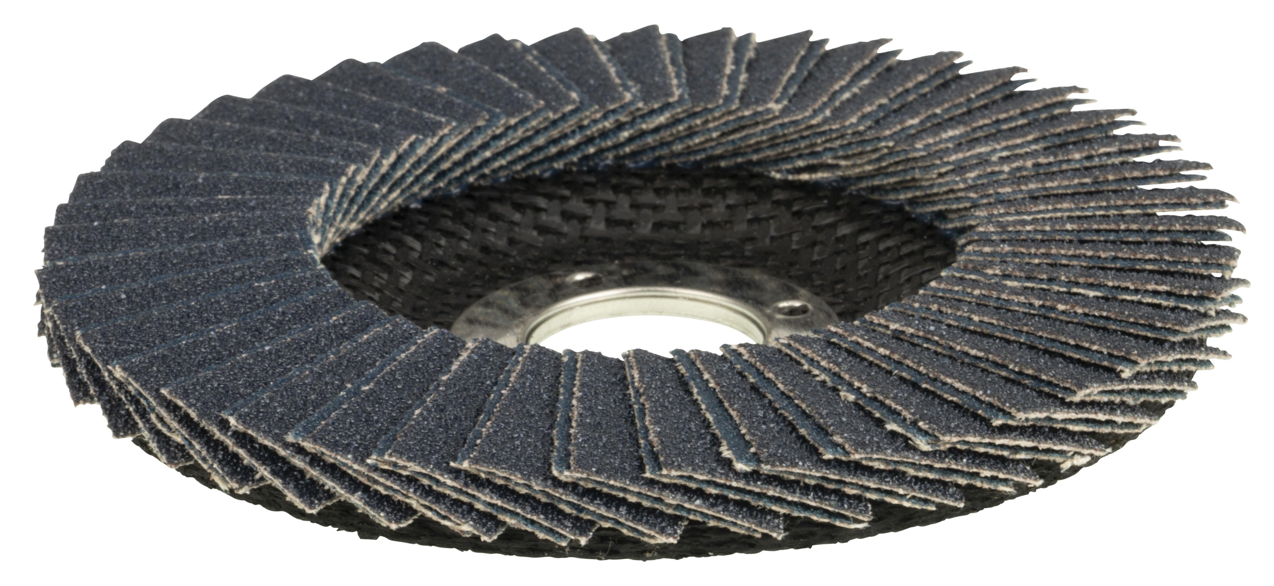 Tiger® X 51203 Standard Density Coated Abrasive Flap Disc, 4-1/2 in Dia Disc, 7/8 in Center Hole, 80 Grit, Medium Grade, Zirconia Alumina/Ceramic Alumina Abrasive, Type 29/Angled Disc