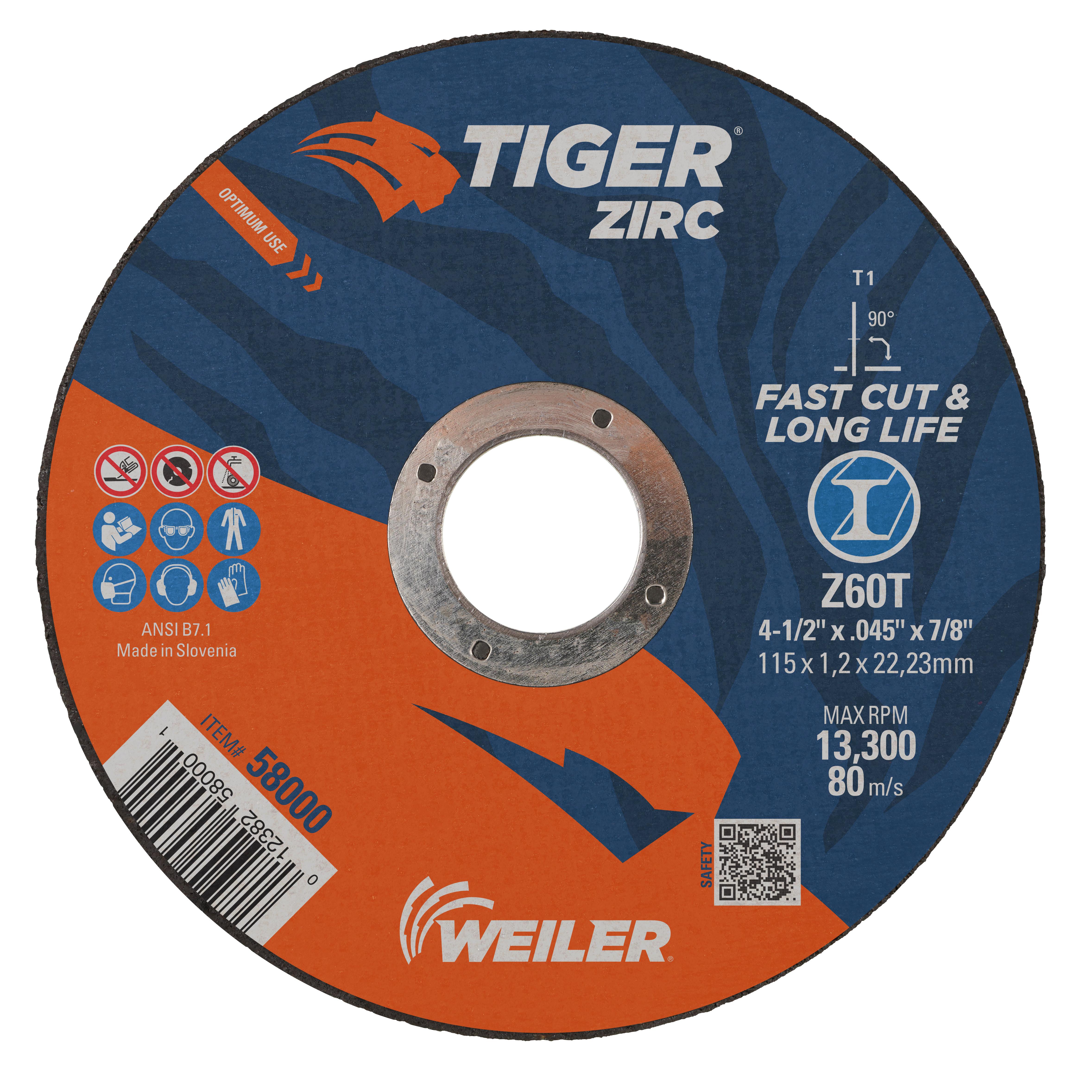 Tiger&reg; Zirc 58070 Performance Line Depressed Center Grinding Wheel, 4-1/2 in Dia 1/4 in THK, 24 Grit, Zirconia Alumina Abrasive