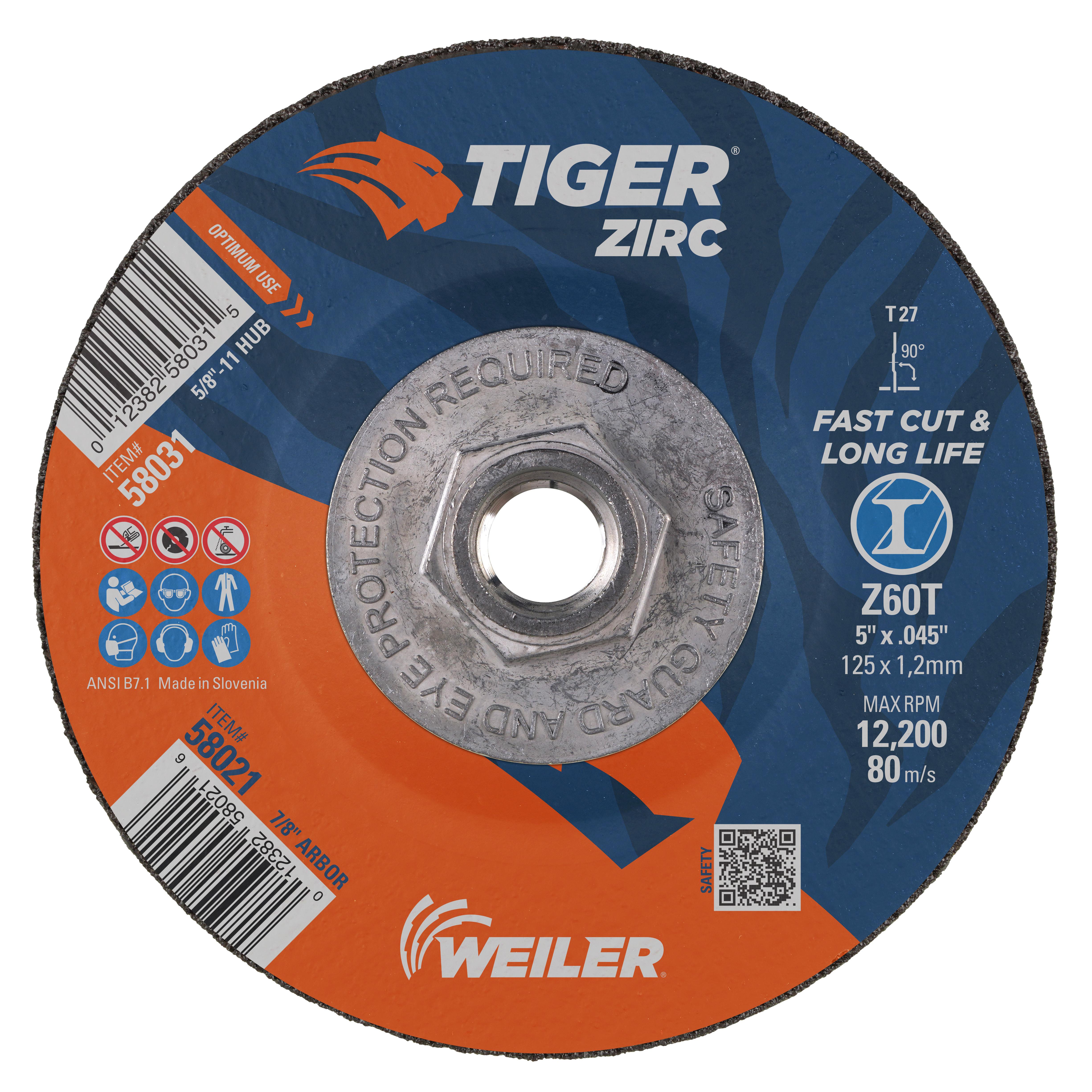 Tiger&reg; Zirc 59734 Fast Cut High Performance Long Life Performance Line Coated Abrasive Disc, 4-1/2 in Dia Disc, 7/8 in Center Hole, 60 Grit, Coarse Grade, Zirconia Alumina Abrasive, Arbor Attachment