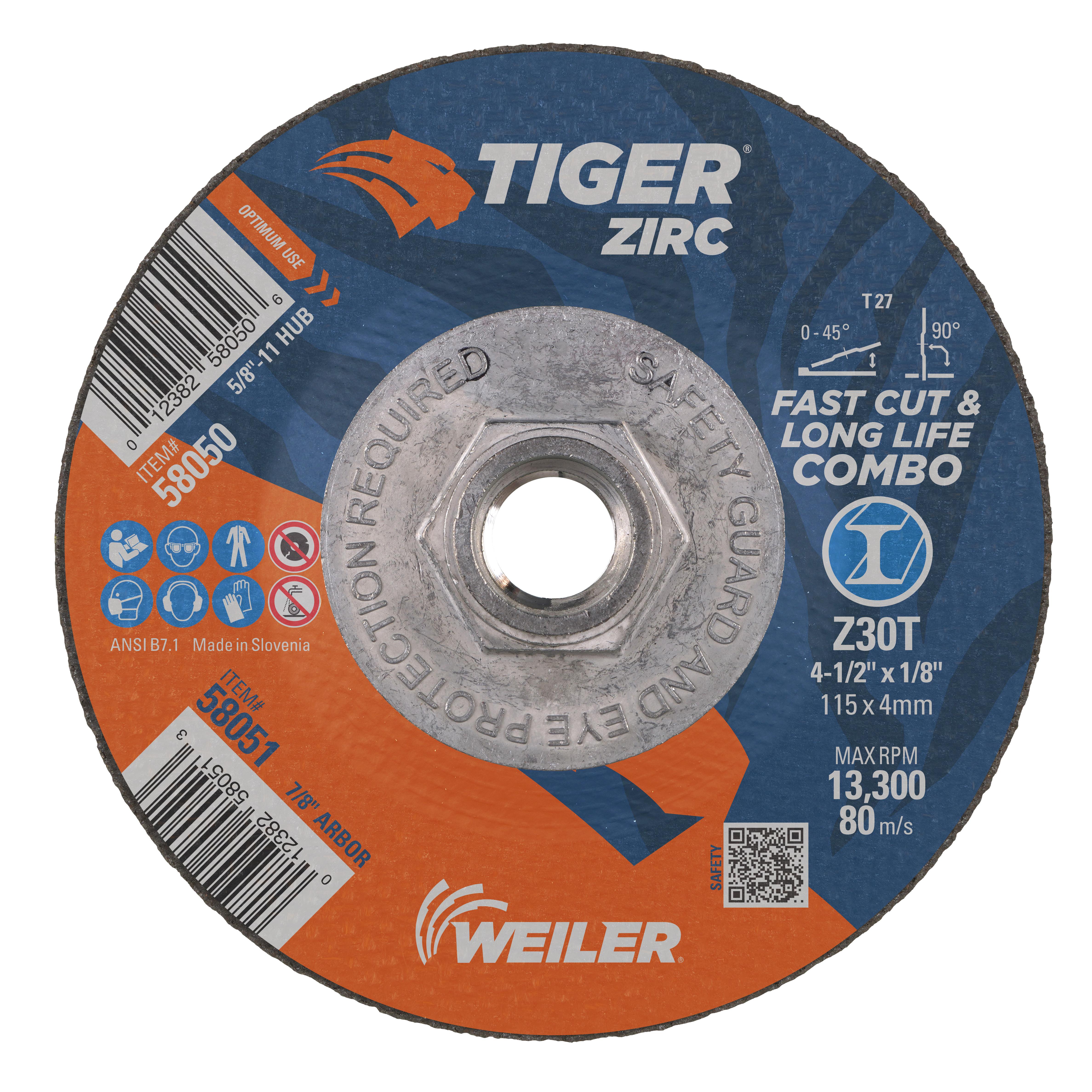 Tiger&reg; Zirc 58051 Fast and Long Life Performance Line Depressed Center Combo Wheel, 4-1/2 in Dia 1/8 in THK, 7/8 in Center Hole, 30 Grit, Zirconia Alumina Abrasive