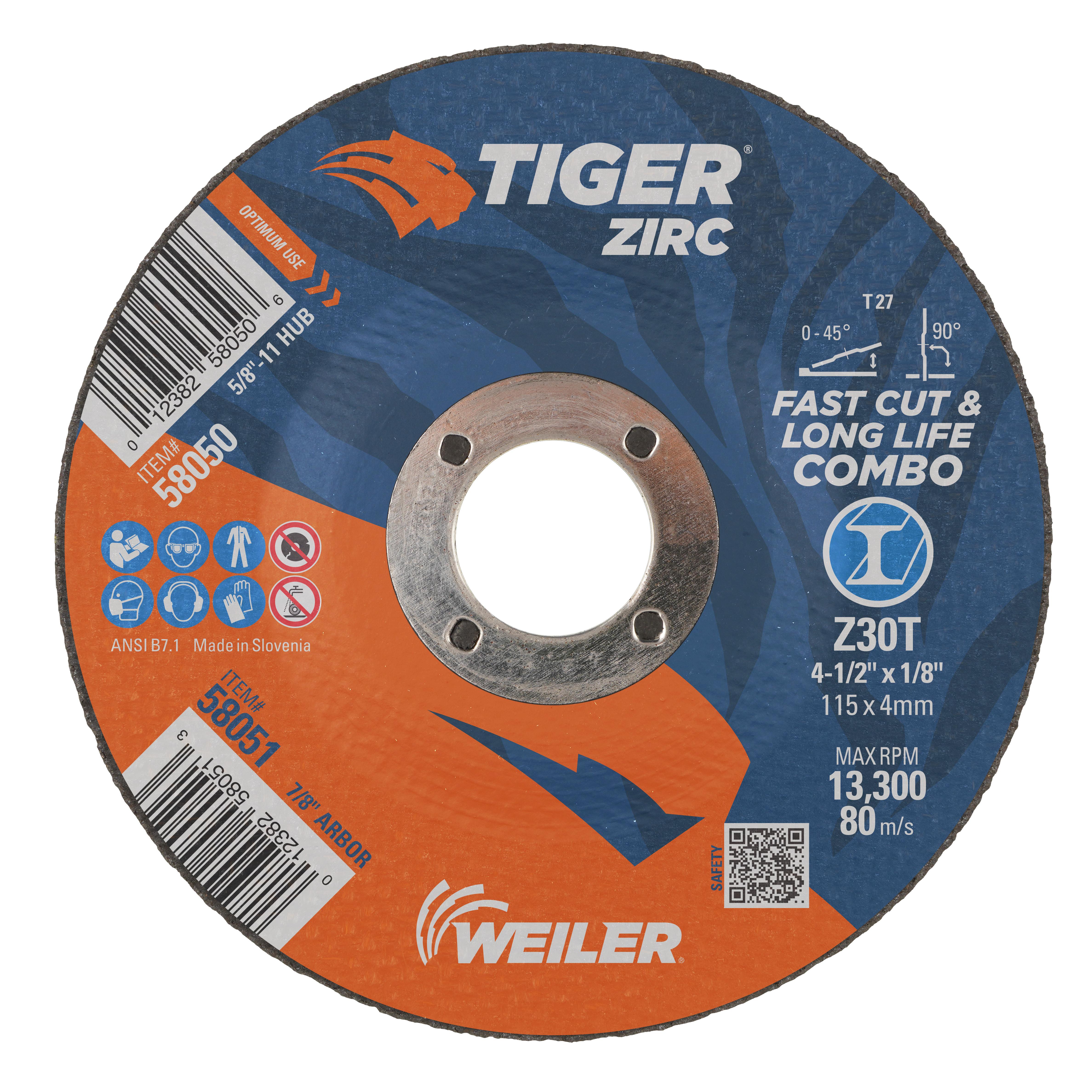 Tiger&reg; Zirc 58000 Fast Cut and Long Life Flat Performance Line Small Thin Cut-Off Wheel, 4-1/2 in Dia 0.045 in THK, 7/8 in Center Hole, Z60T Grit, Zirconia Alumina Abrasive