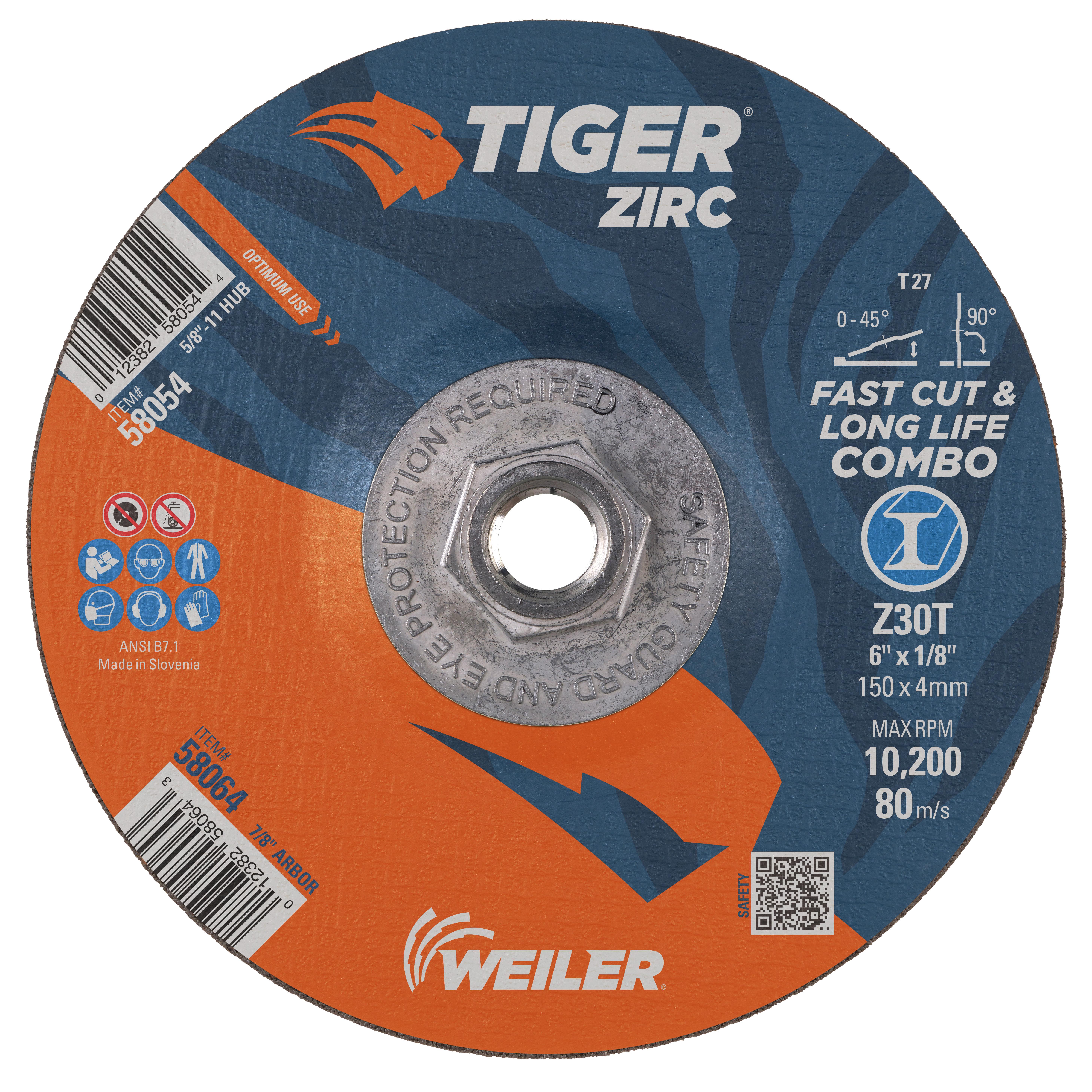 Tiger&reg; Zirc 58002 Fast Cut and Long Life Flat Performance Line Small Thin Cut-Off Wheel, 6 in Dia 0.045 in THK, 7/8 in Center Hole, Z60T Grit, Zirconia Alumina Abrasive