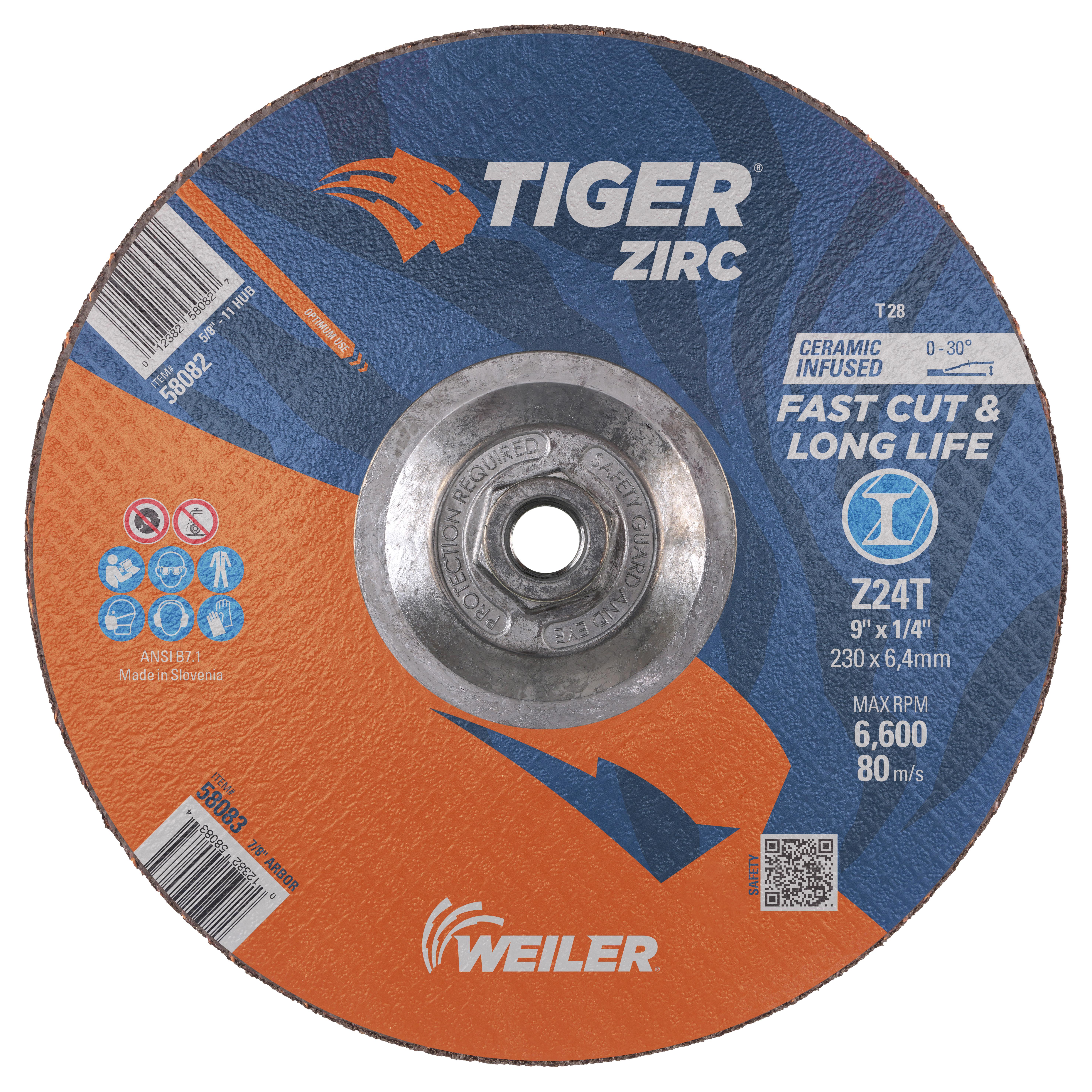 Tiger&reg; Zirc 59732 Fast Cut High Performance Long Life Performance Line Coated Abrasive Disc, 4-1/2 in Dia Disc, 7/8 in Center Hole, 36 Grit, Extra Coarse Grade, Zirconia Alumina Abrasive, Arbor Attachment