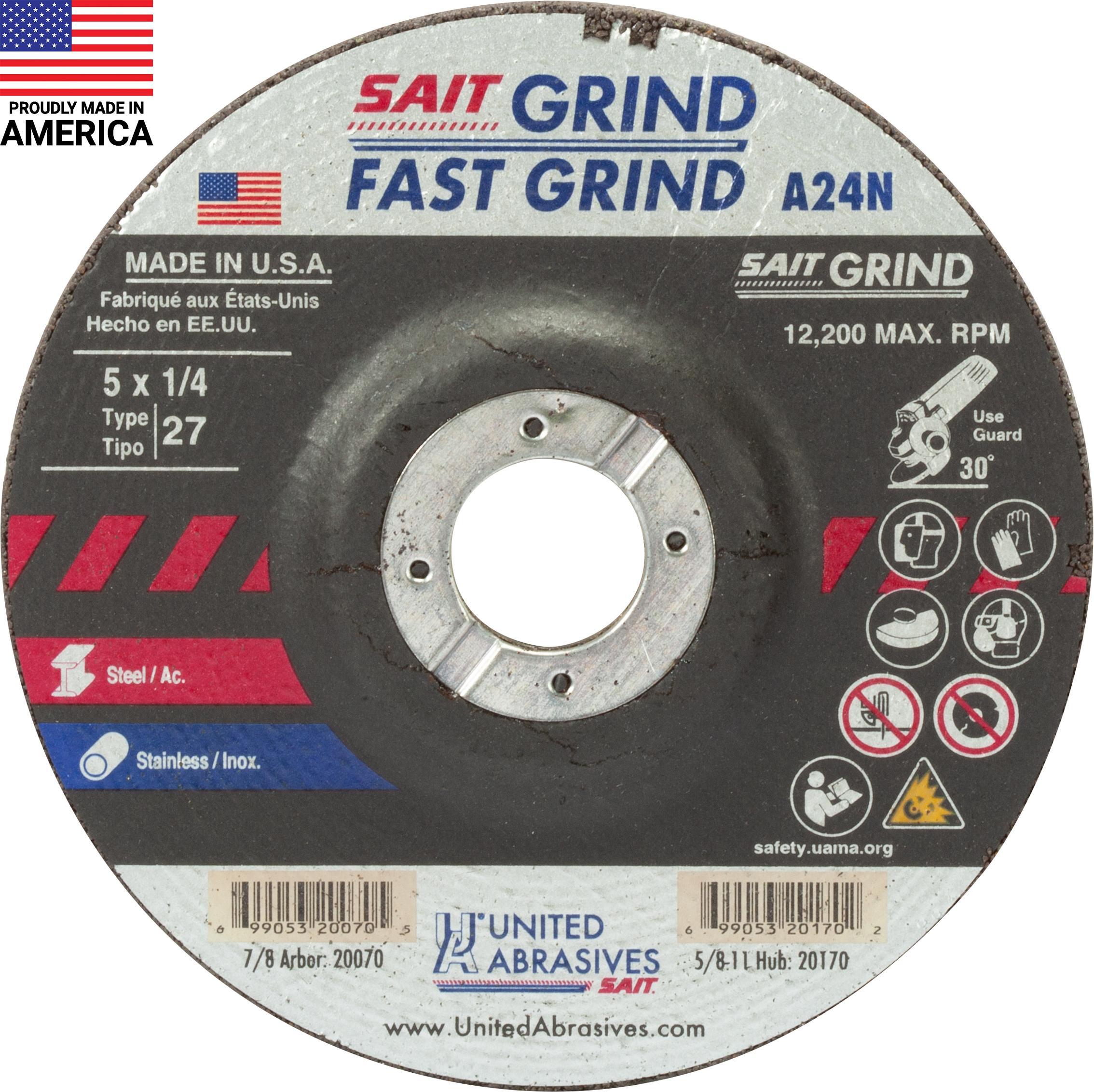 United Abrasives-SAIT 20070 General Purpose Depressed Center Wheel, 5 in Dia x 1/4 in THK, 7/8 in Center Hole, 24 Grit, Aluminum Oxide Abrasive