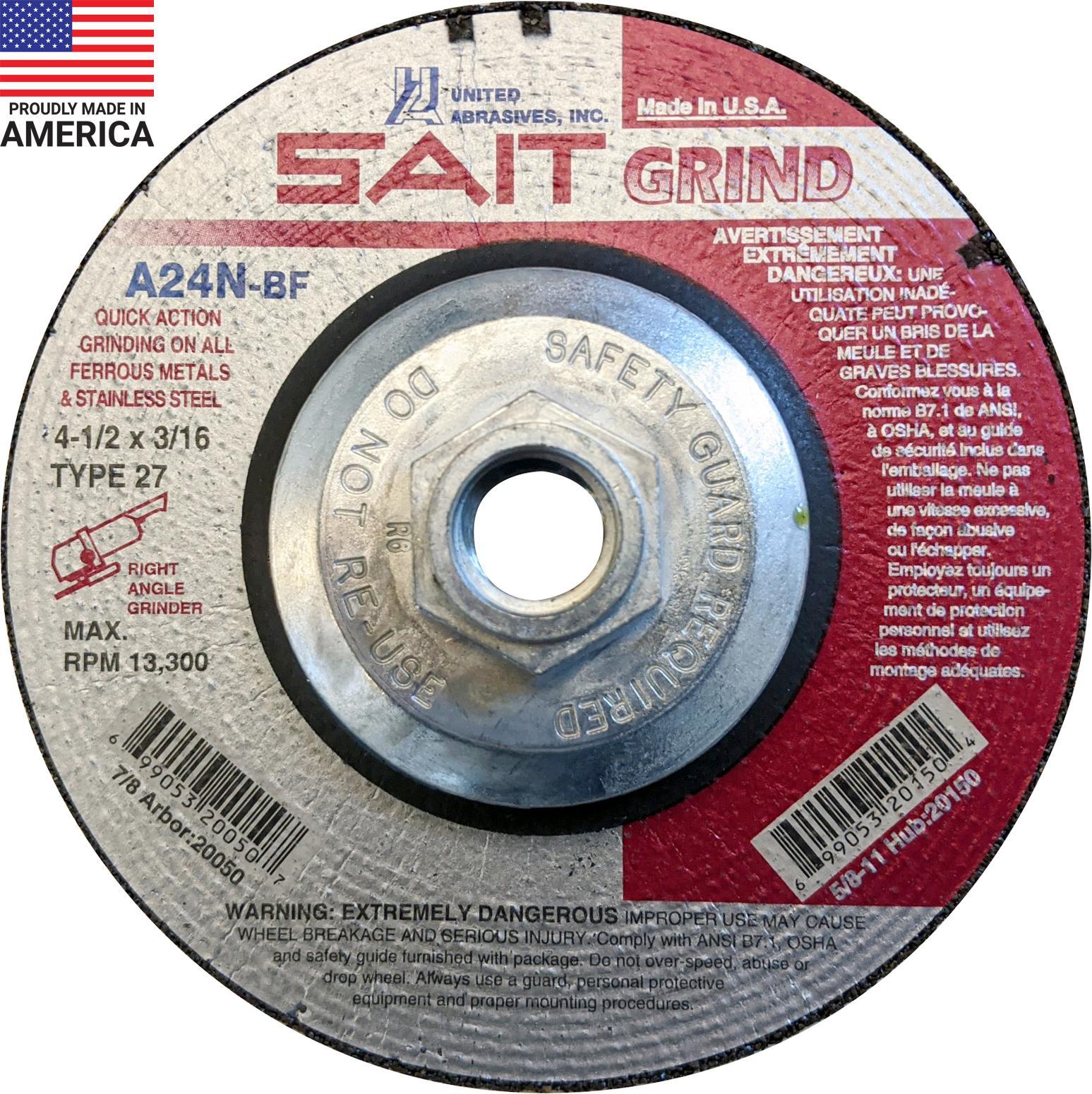 United Abrasives-SAIT 20150 General Purpose Depressed Center Wheel, 4 in Dia x 3/16 in THK, 24 Grit, Aluminum Oxide Abrasive