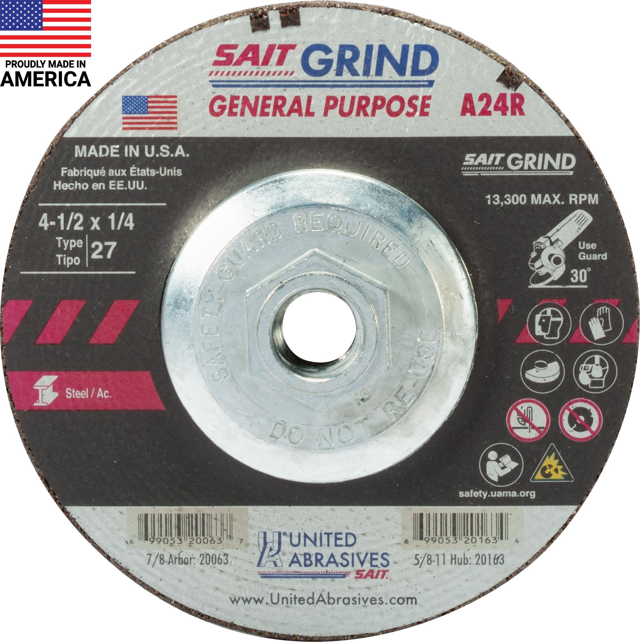 United Abrasives-SAIT 20163 General Purpose Depressed Center Wheel, 4-1/2 in Dia x 1/4 in THK, 24 Grit, Aluminum Oxide Abrasive