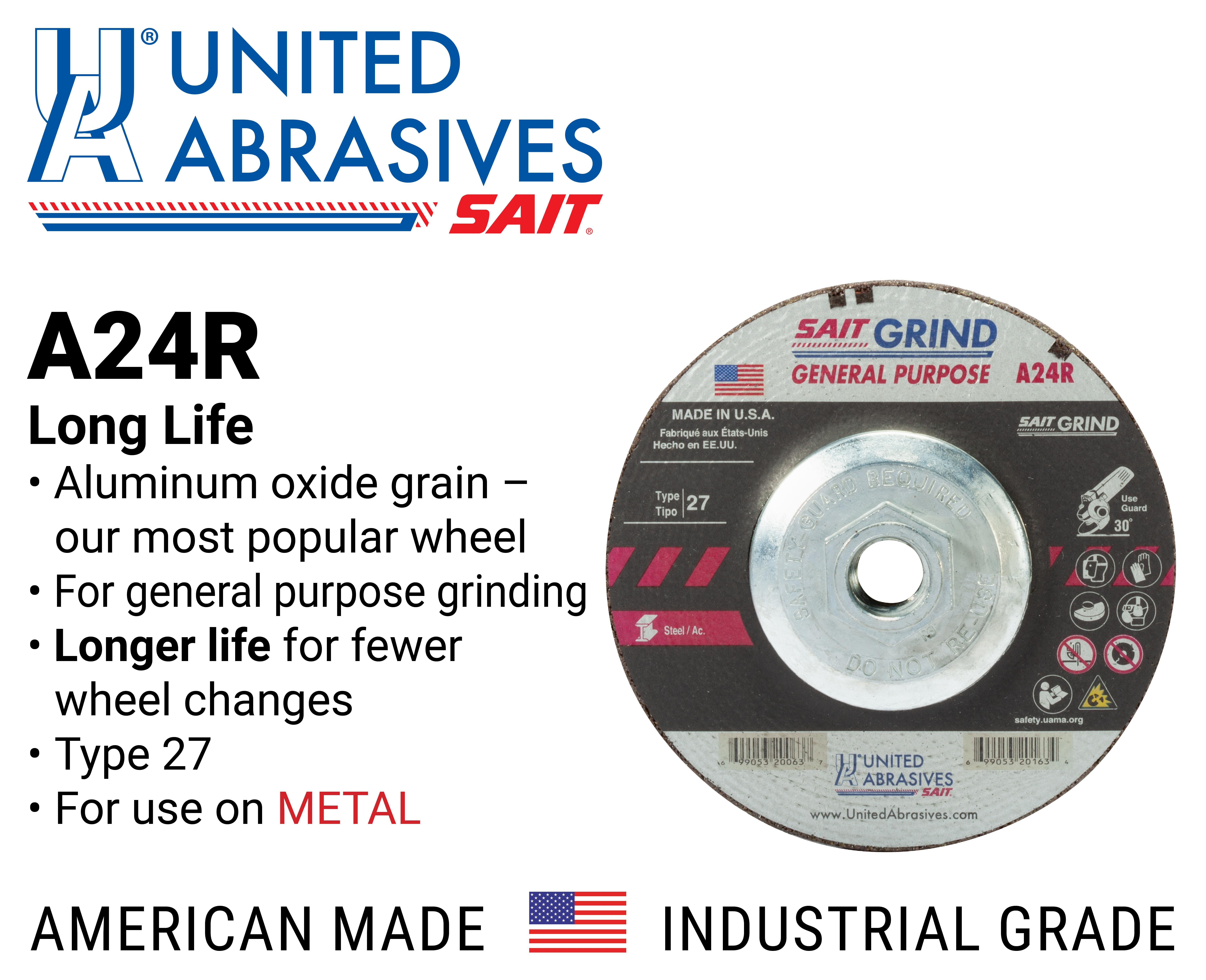 United Abrasives-SAIT 20163 General Purpose Depressed Center Wheel, 4-1/2 in Dia x 1/4 in THK, 24 Grit, Aluminum Oxide Abrasive