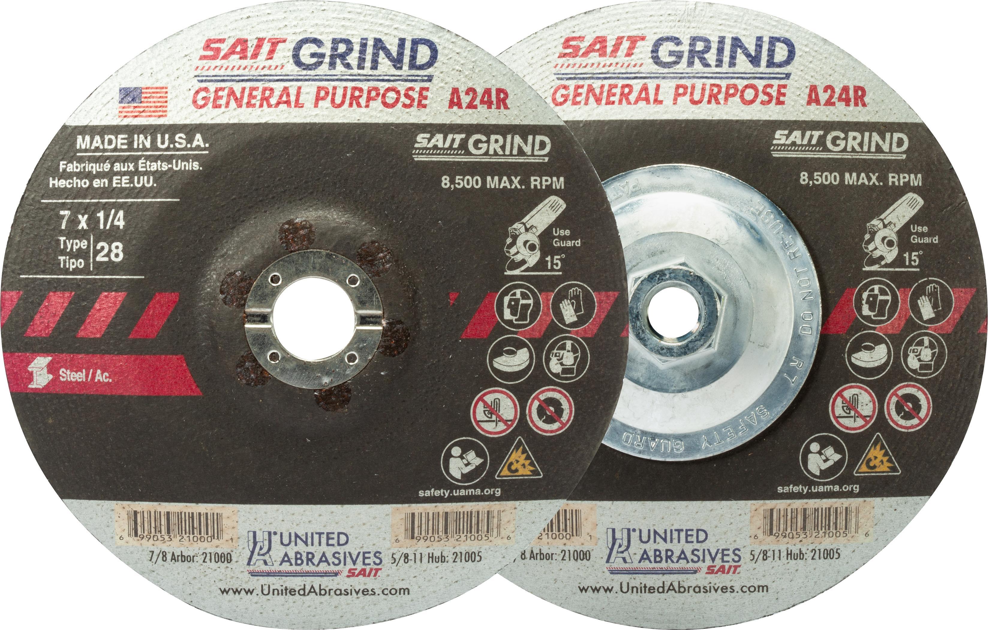 United Abrasives-SAIT 21000 General Purpose Saucer Shape Depressed Center Wheel, 7 in Dia x 1/4 in THK, 7/8 in Center Hole, 24 Grit, Aluminum Oxide Abrasive