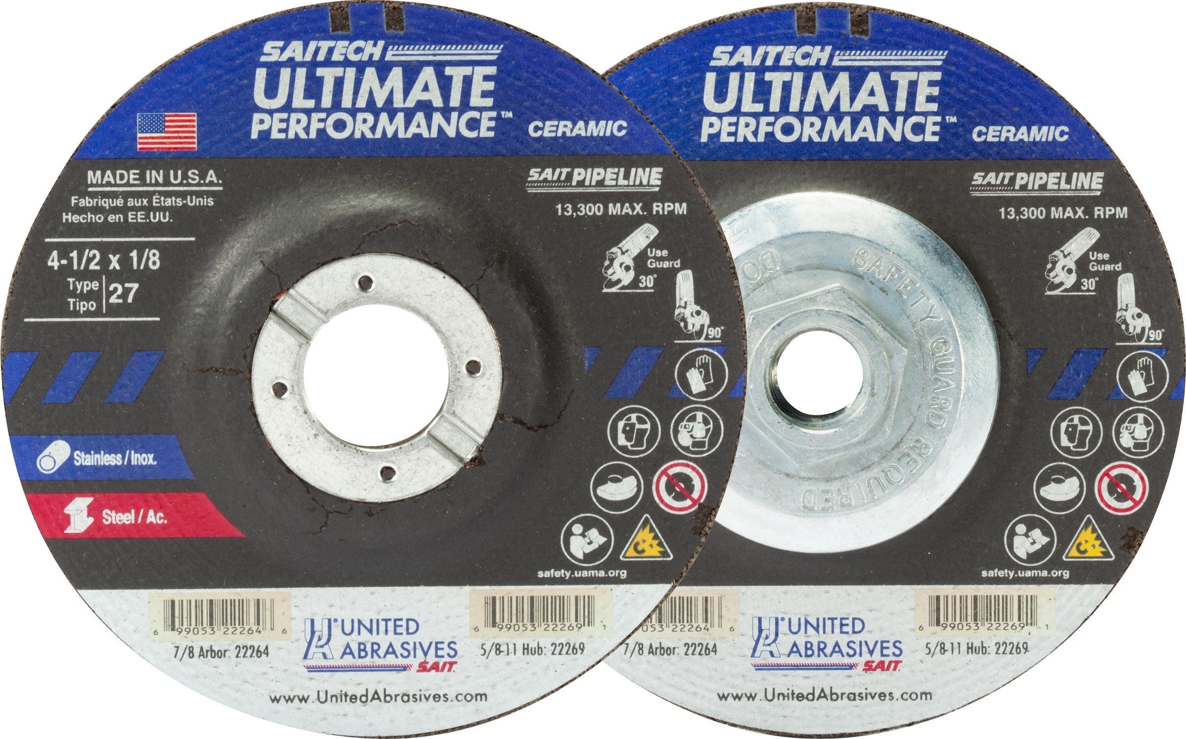 United Abrasives-SAIT United Abrasives-SAIT 22269 High Performance Pipeline Depressed Center Wheel, 4-1/2 in Dia x 1/8 in THK, 24 Grit, Ceramic Alumina Oxide Abrasive