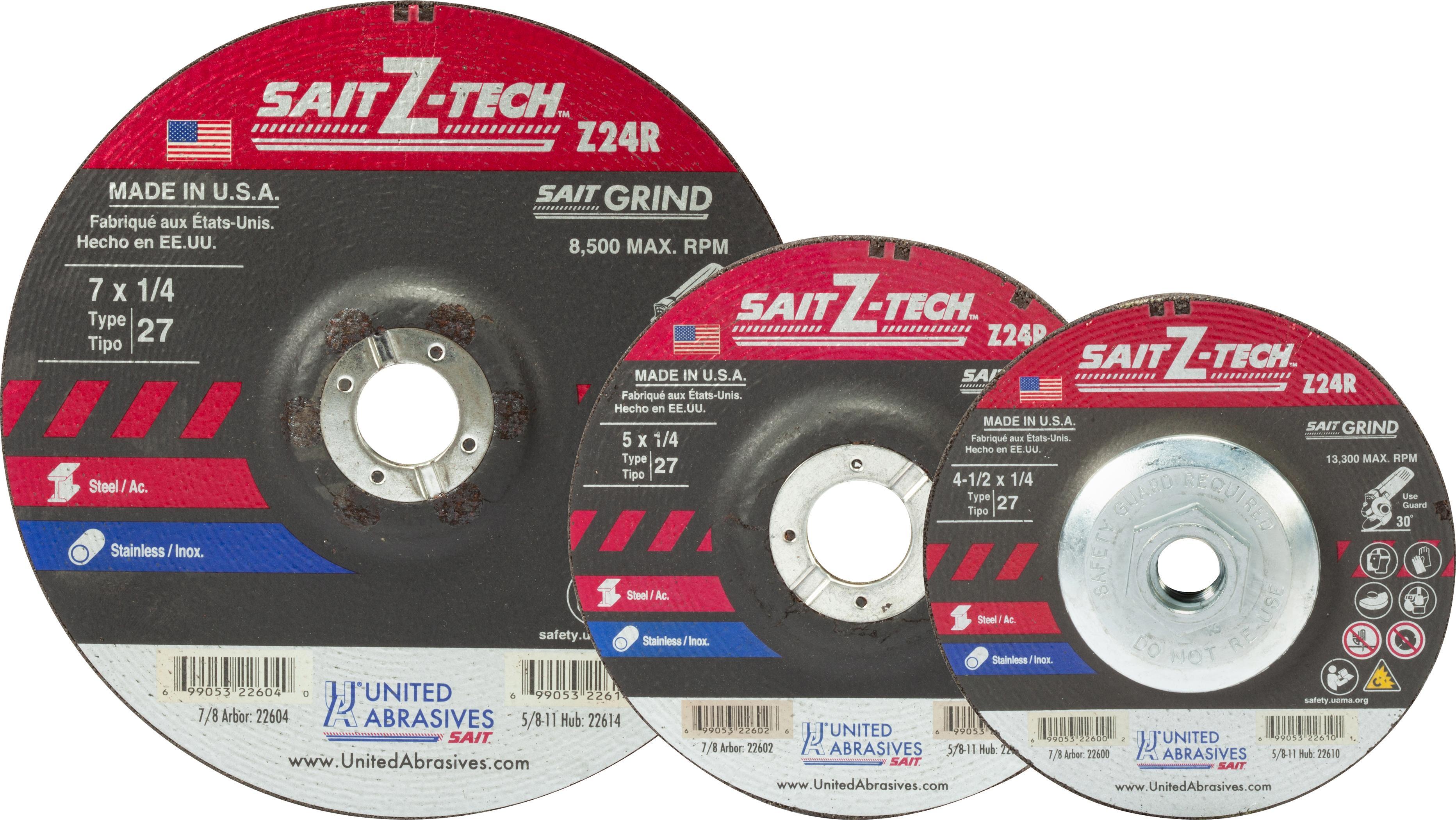 United Abrasives-SAIT Sait Z-Tech™ 22603 High Performance Depressed Center Wheel, 6 in Dia x 1/4 in THK, 7/8 in Center Hole, 24 Grit, Zirconia Abrasive