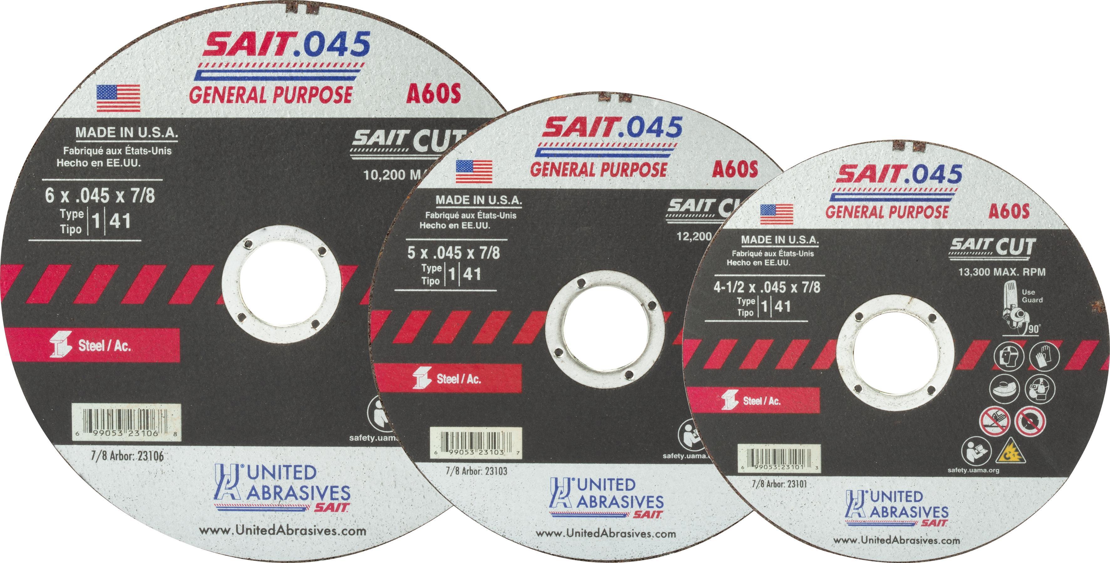 United Abrasives-SAIT 23101 Thin High Speed Cut-Off Wheel, 4-1/2 in Dia x 0.045 in THK, 7/8 in Center Hole, A60S Grit, Aluminum Oxide Abrasive