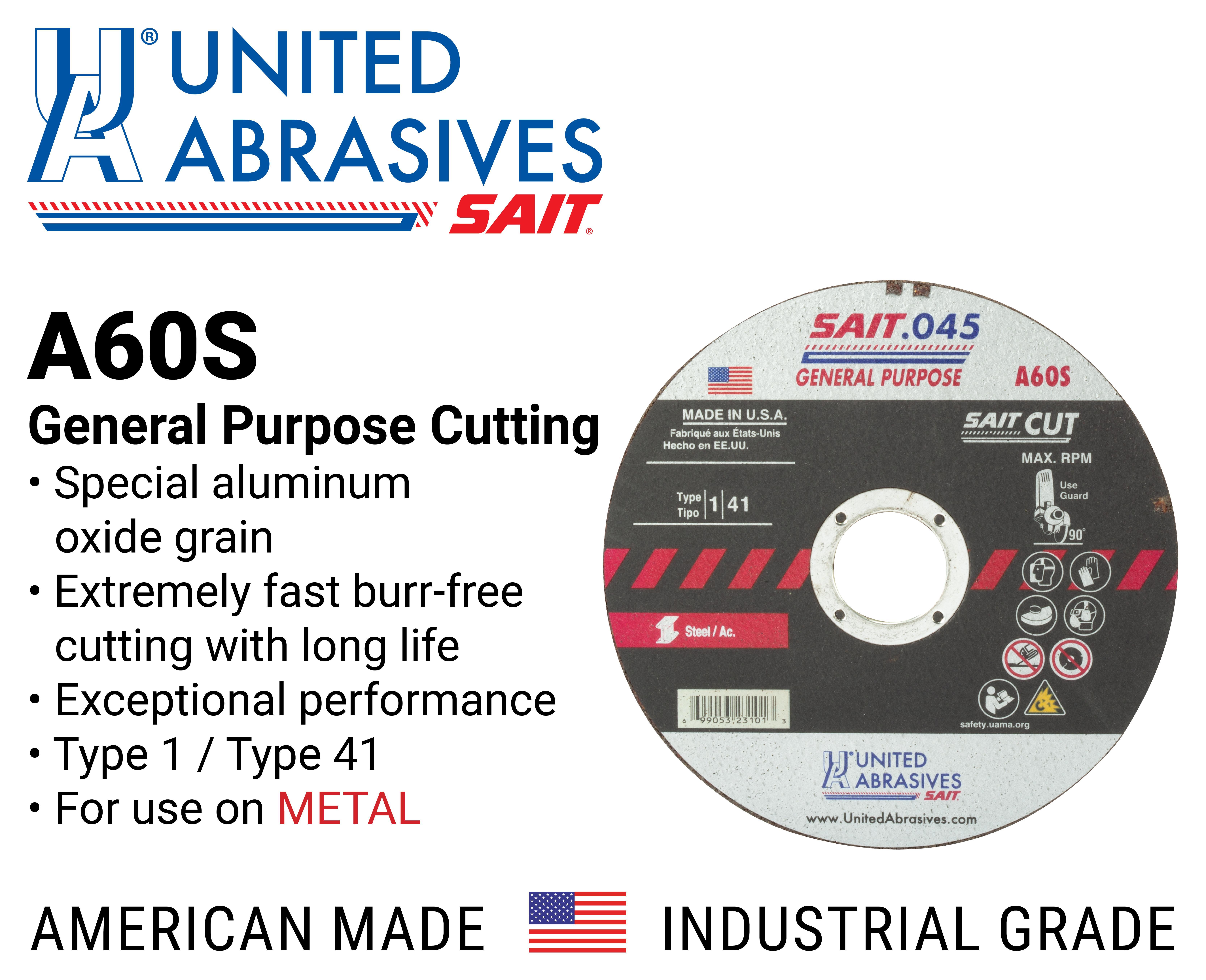United Abrasives-SAIT 23101 Thin High Speed Cut-Off Wheel, 4-1/2 in Dia x 0.045 in THK, 7/8 in Center Hole, A60S Grit, Aluminum Oxide Abrasive
