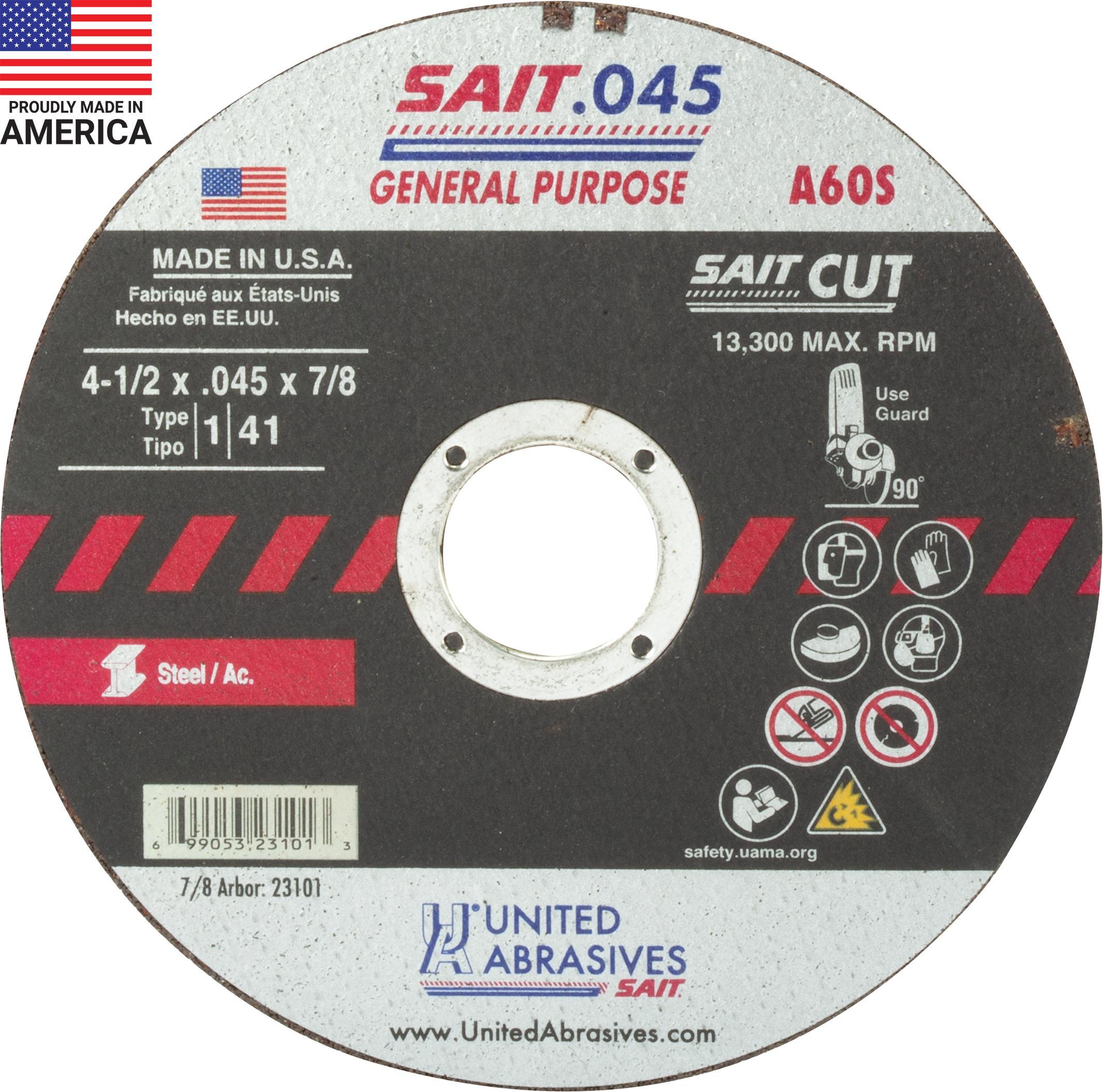 United Abrasives-SAIT 23101 Thin High Speed Cut-Off Wheel, 4-1/2 in Dia x 0.045 in THK, 7/8 in Center Hole, A60S Grit, Aluminum Oxide Abrasive