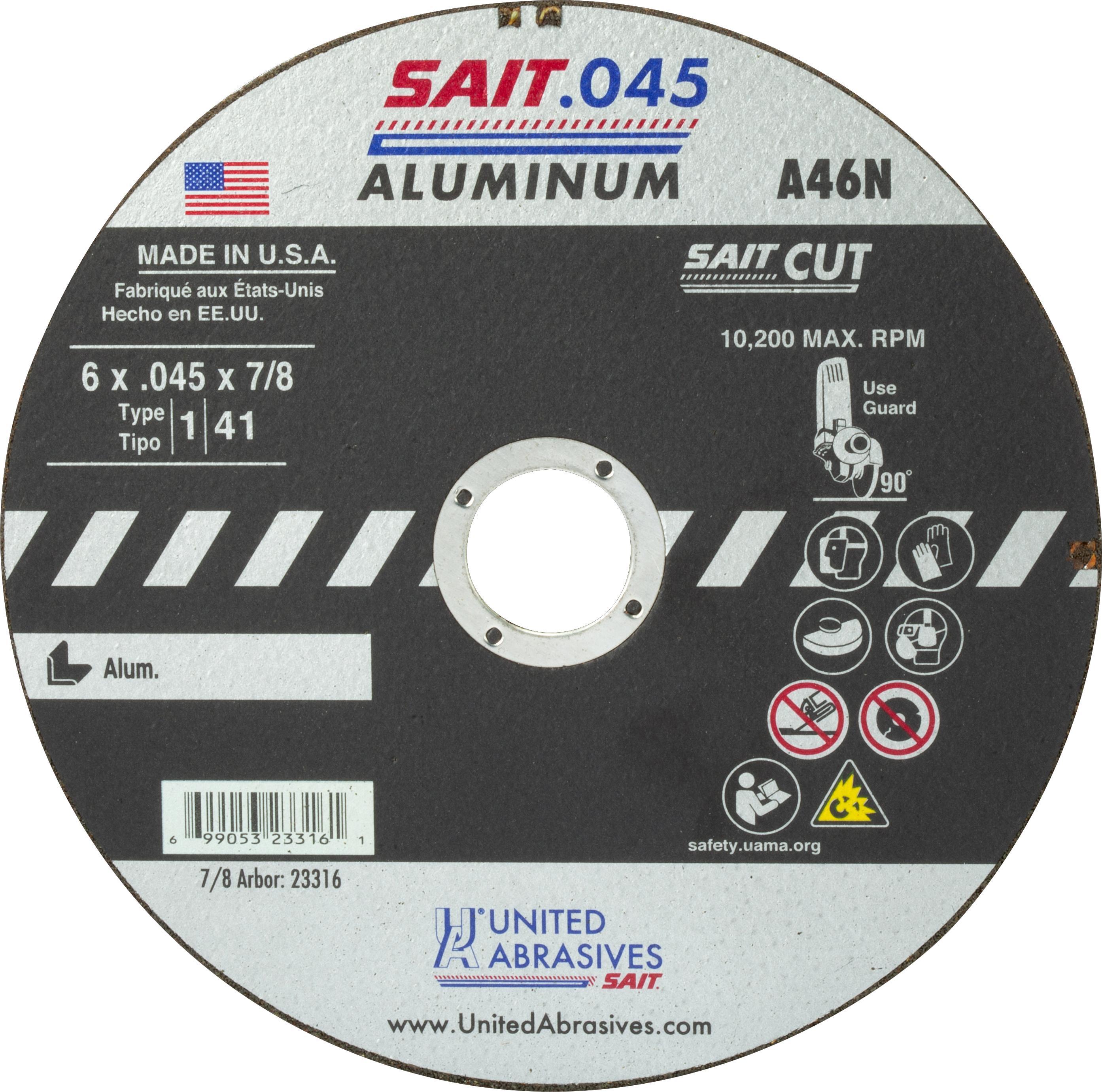 United Abrasives-SAIT 23316 Thin High Speed Cut-Off Wheel, 6 in Dia x 0.045 in THK, 7/8 in Center Hole, A46N Grit, Aluminum Oxide Abrasive