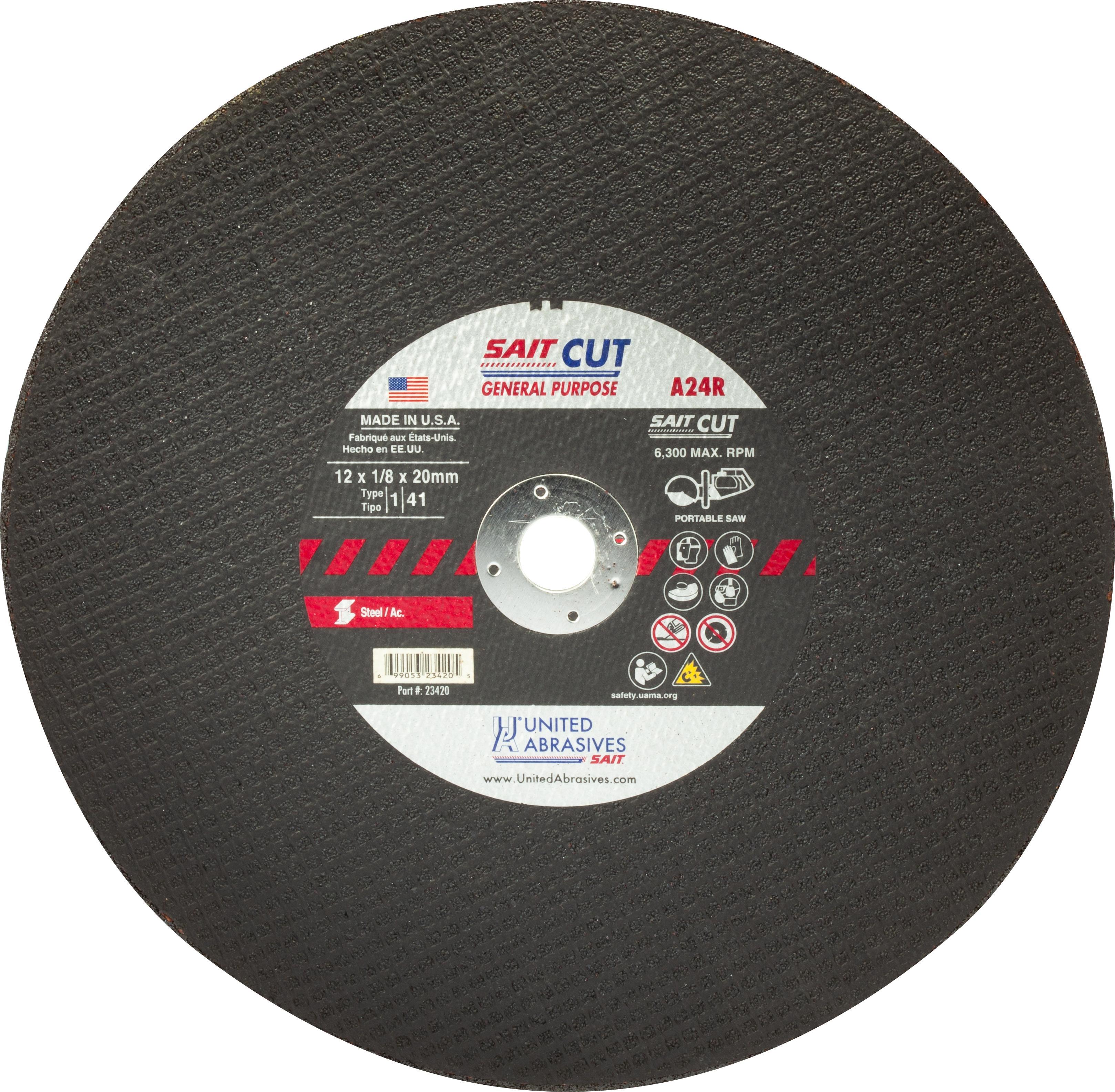 United Abrasives-SAIT 23420 Type 1 Burr Free Portable Saw Cut-Off Wheel, 12 in Dia x 1/8 in THK, 20 mm Center Hole, A24R Grit, Aluminum Oxide Abrasive