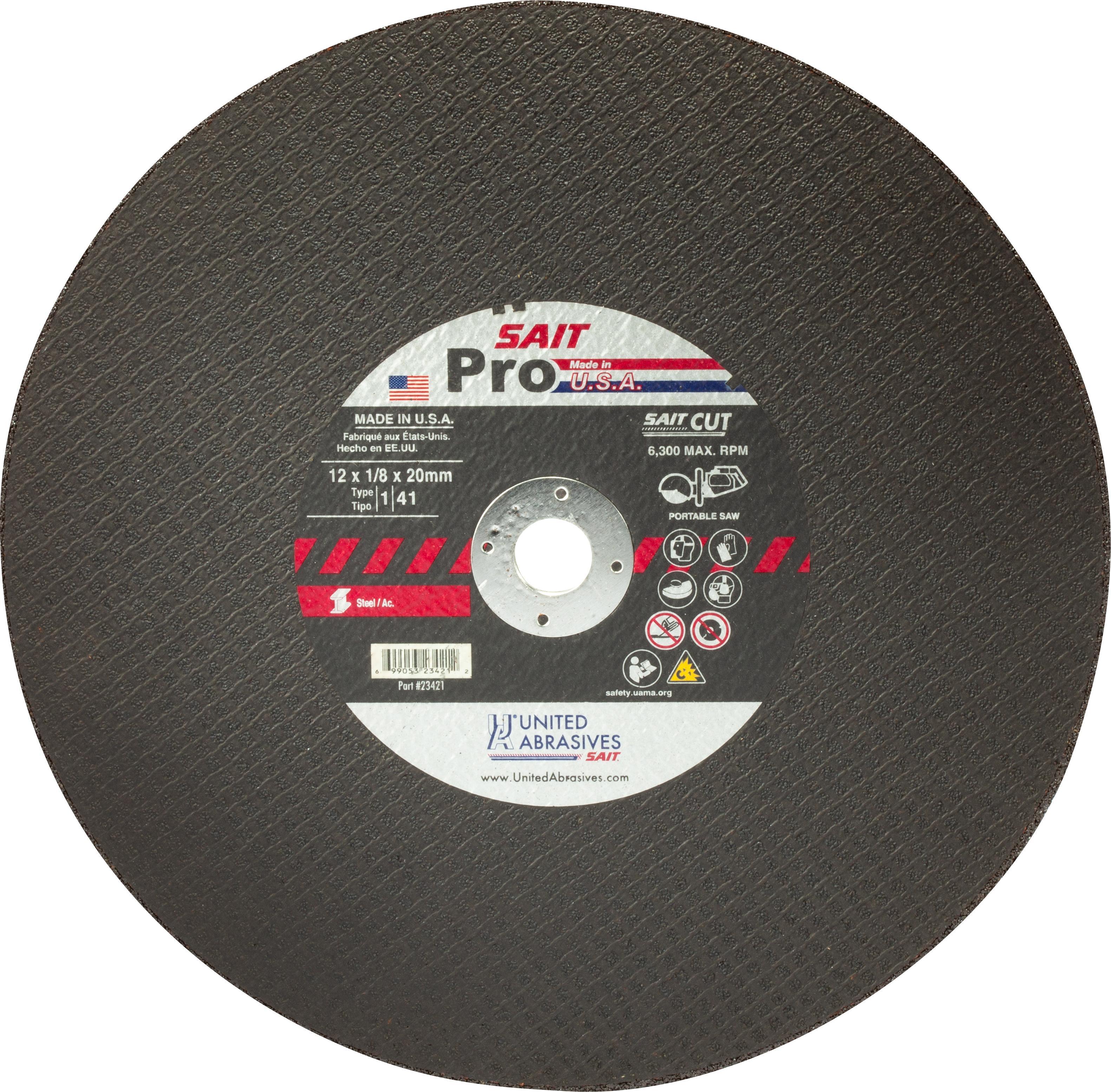 United Abrasives-SAIT 24140 Type 1 Portable Reinforced SAIT Pro Cut-Off Wheel, 14 in Dia x 1/8 in THK, 20 mm Center Hole, Aluminum Oxide Abrasive
