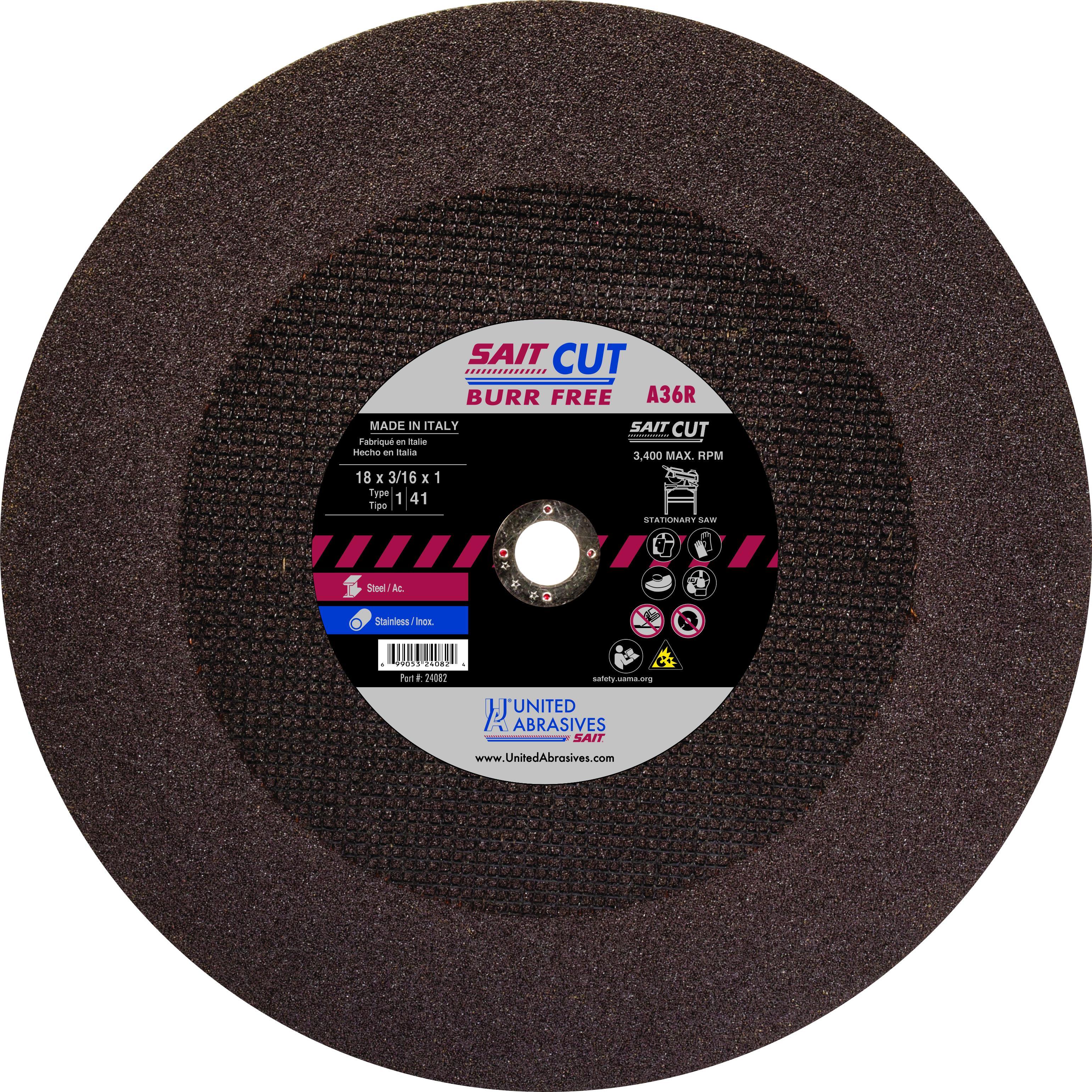 United Abrasives-SAIT 24092 Type 1 Burr Free Stationary Saw Cut-Off Wheel, 20 in Dia x 3/16 in THK, 1 in Center Hole, A36R Grit, Aluminum Oxide Abrasive
