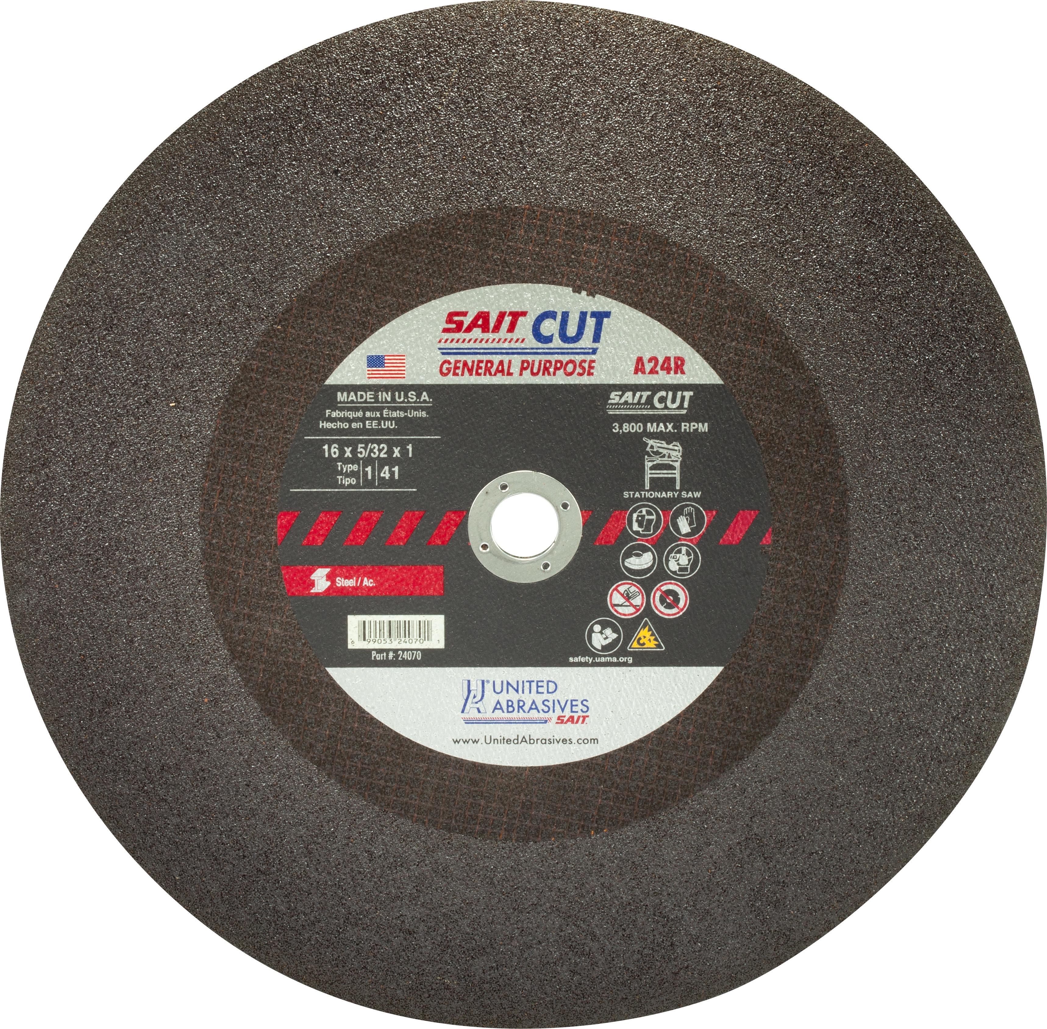 United Abrasives-SAIT 24090 Type 1 Burr Free Stationary Saw Cut-Off Wheel, 20 in Dia x 3/16 in THK, 1 in Center Hole, A24R Grit, Aluminum Oxide Abrasive