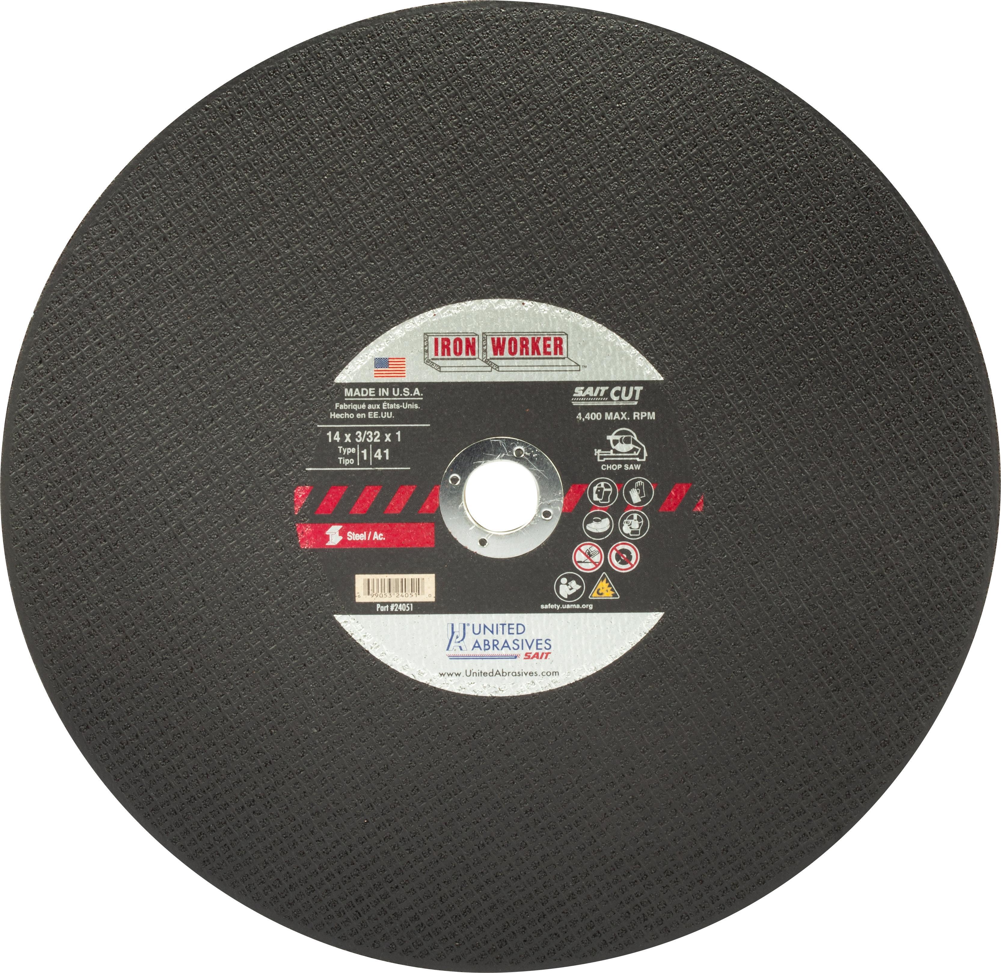 United Abrasives-SAIT Iron Worker&trade; 24031 Type 1 Fast Cut Straight Cut-Off Wheel, 12 in Dia x 3/32 in THK, 1 in Center Hole, Aluminum Oxide Abrasive
