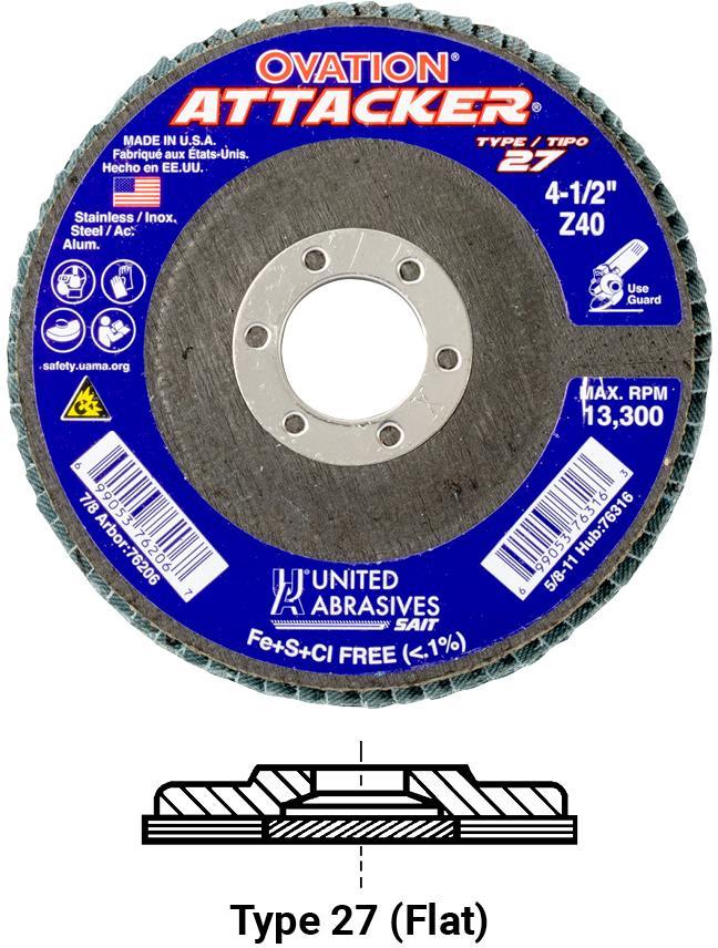 United Abrasives-SAIT Ovation&reg; Attacker&reg; 76208 Close High Density High Performance Coated Abrasive Flap Disc, 4-1/2 in Dia, 7/8 in Center Hole, 60 Grit, Medium Grade, Zirconia Alumina Abrasive, Type 27 Flat Disc