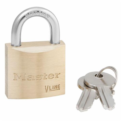 Master Lock&reg; 4130KA-314 V-Line Non-Rekeyable Safety Padlock, Alike Key, 3/16 in Shackle, Brass Body, 4-Pin Tumbler Locking