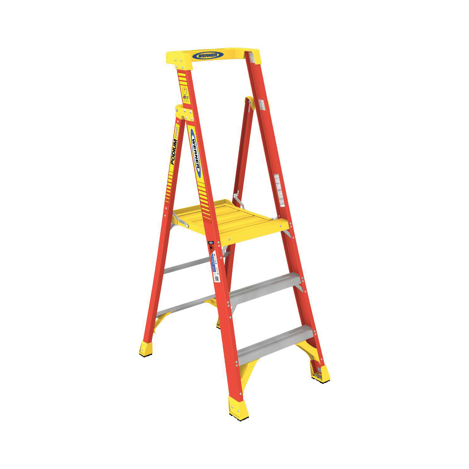 WERNER® PD7306 PD7300 Podium Ladder, 8 ft Ladder, 375 lb Load, 6 Steps, Type IAA, Fiberglass