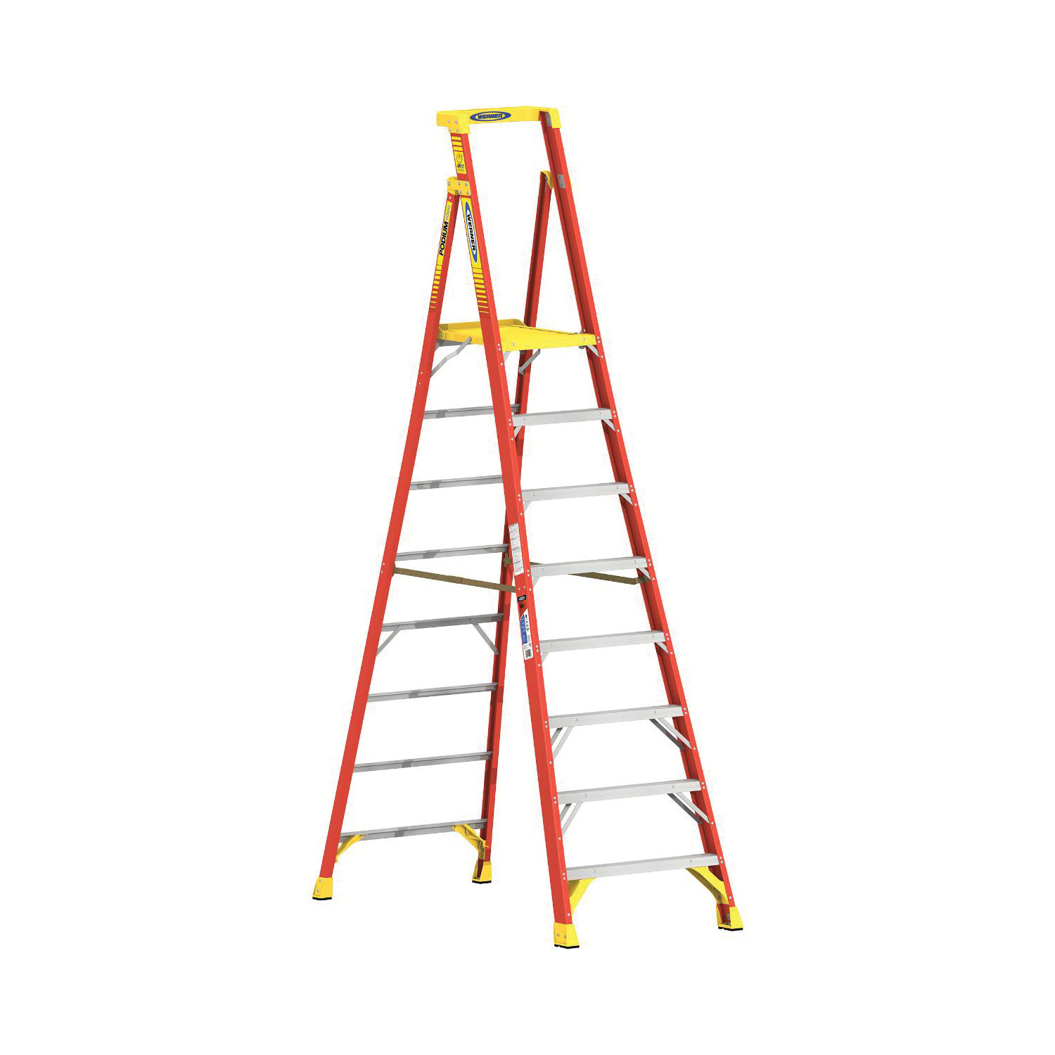 WERNER® PD7308 PD7300 Podium Ladder, 10 ft Ladder, 375 lb Load, 8 Steps, Type IAA, Fiberglass