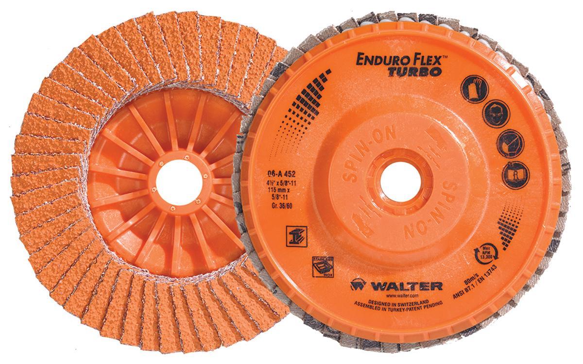 Walter Surface Technologies Enduro-Flex Turbo&trade; 06A452 06-A Close Spin-On Coated Flap Disc, 4-1/2 in Dia Disc, 36/60 Grit, Medium Grade, Ceramic Abrasive, Type 27S Disc