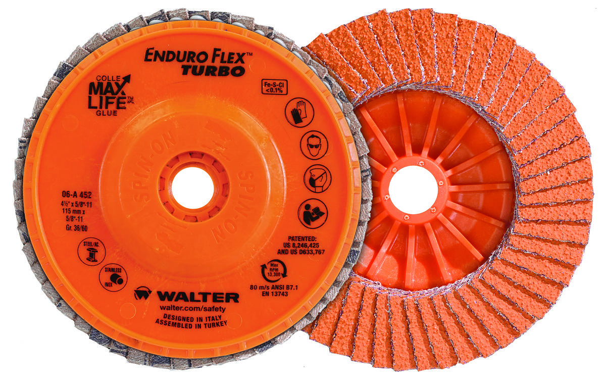 Walter Surface Technologies Enduro-Flex Turbo&trade; 06A452 06-A Close Spin-On Coated Flap Disc, 4-1/2 in Dia Disc, 36/60 Grit, Medium Grade, Ceramic Abrasive, Type 27S Disc