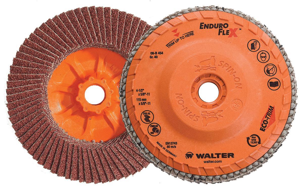Walter Surface Technologies Enduro-Flex&trade; 06B454 06-B Close Spin-On Coated Flap Disc, 4-1/2 in Dia Disc, 40 Grit, Coarse Grade, Zirconia Alumina Abrasive, Type 27S Disc