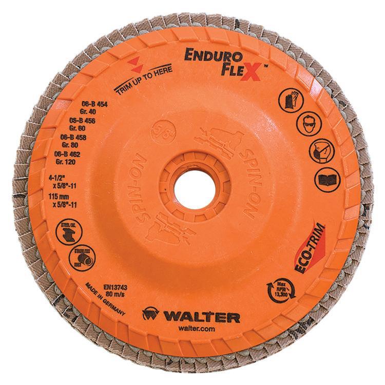 Walter Surface Technologies Enduro-Flex&trade; 06B458 06-B Close Spin-On Coated Flap Disc, 4-1/2 in Dia Disc, 80 Grit, Medium Grade, Zirconia Alumina Abrasive, Type 27S Disc