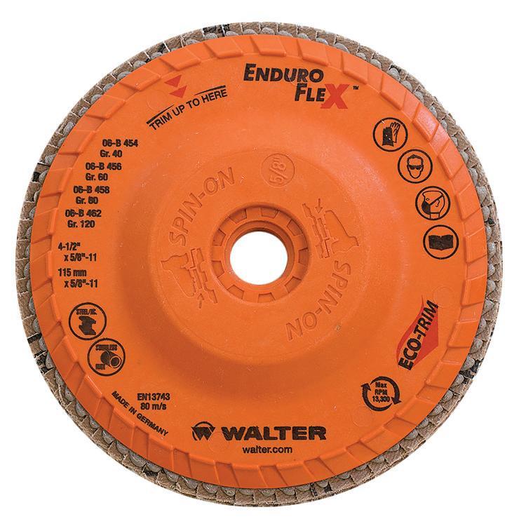 Walter Surface Technologies Enduro-Flex&trade; 06B462 06-B Close Spin-On Coated Flap Disc, 4-1/2 in Dia Disc, 120 Grit, Fine Grade, Zirconia Alumina Abrasive, Type 27S Disc