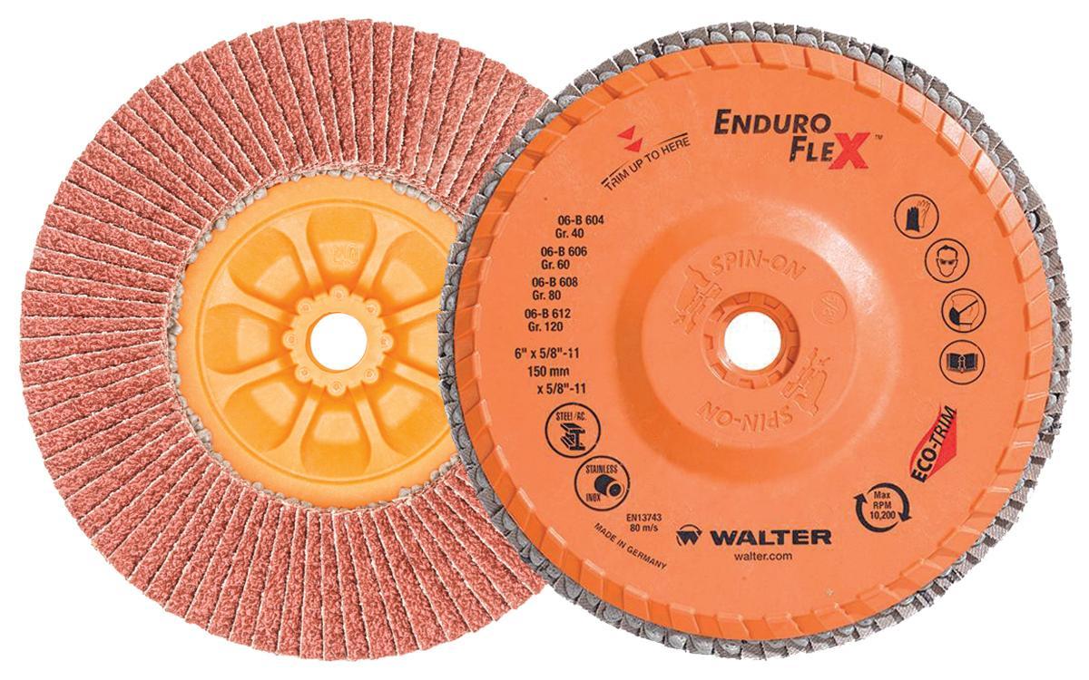 Walter Surface Technologies Enduro-Flex&trade; 06B604 06-B Close Spin-On Coated Flap Disc, 6 in Dia Disc, 40 Grit, Coarse Grade, Zirconia Alumina Abrasive, Type 27S Disc