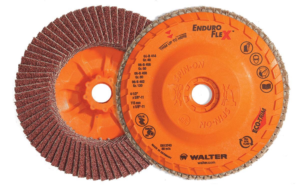 Walter Surface Technologies Enduro-Flex&trade; 06B462 06-B Close Spin-On Coated Flap Disc, 4-1/2 in Dia Disc, 120 Grit, Fine Grade, Zirconia Alumina Abrasive, Type 27S Disc