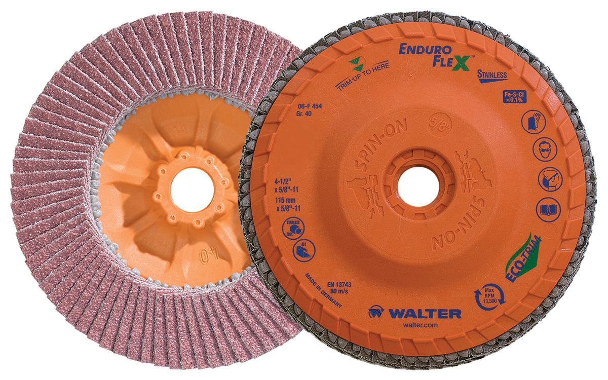 Walter Surface Technologies Enduro-Flex Stainless&trade; 06F454 06-F Close Spin-On Coated Flap Disc, 4-1/2 in Dia Disc, 40 Grit, Coarse Grade, Zirconia Alumina Abrasive, Type 27S Disc