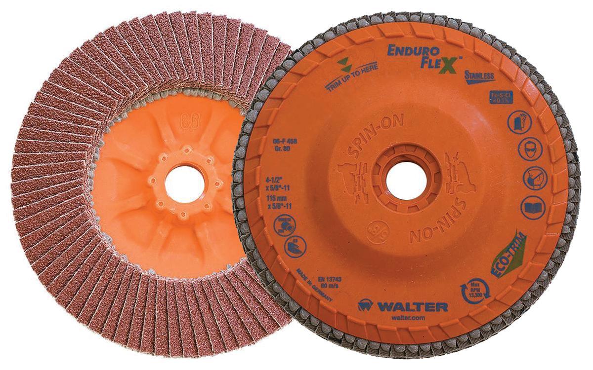 Walter Surface Technologies Enduro-Flex Stainless&trade; 06F458 06-F Close Spin-On Coated Flap Disc, 4-1/2 in Dia Disc, 80 Grit, Medium Grade, Zirconia Alumina Abrasive, Type 27S Disc