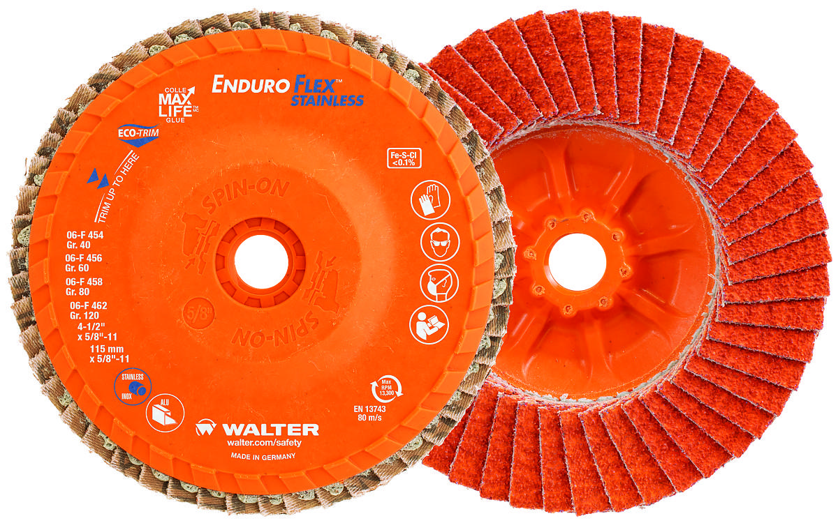 Walter Surface Technologies Enduro-Flex Stainless&trade; 06F458 06-F Close Spin-On Coated Flap Disc, 4-1/2 in Dia Disc, 80 Grit, Medium Grade, Zirconia Alumina Abrasive, Type 27S Disc