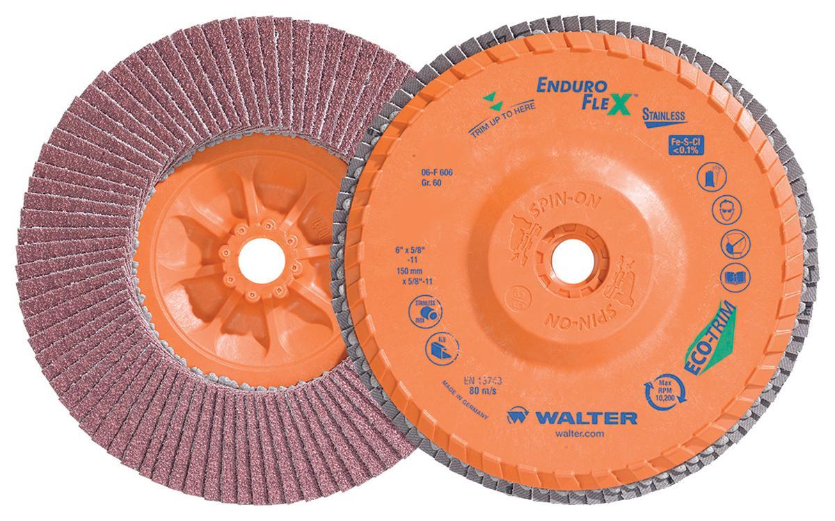 Walter Surface Technologies Enduro-Flex Stainless&trade; 06F606 06-F Close Spin-On Coated Flap Disc, 6 in Dia Disc, 60 Grit, Medium Grade, Zirconia Alumina Abrasive, Type 27S Disc