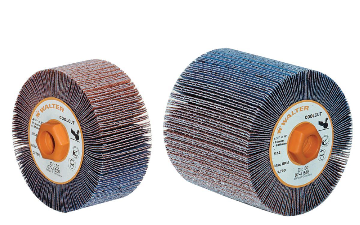 Walter Surface Technologies COOLCUT&trade; 07J428 Mounted Coated Flap Drum, 4-1/4 in Dia Wheel, 2 in W Face, 80 Grit, Medium Grade, Aluminum Oxide Abrasive