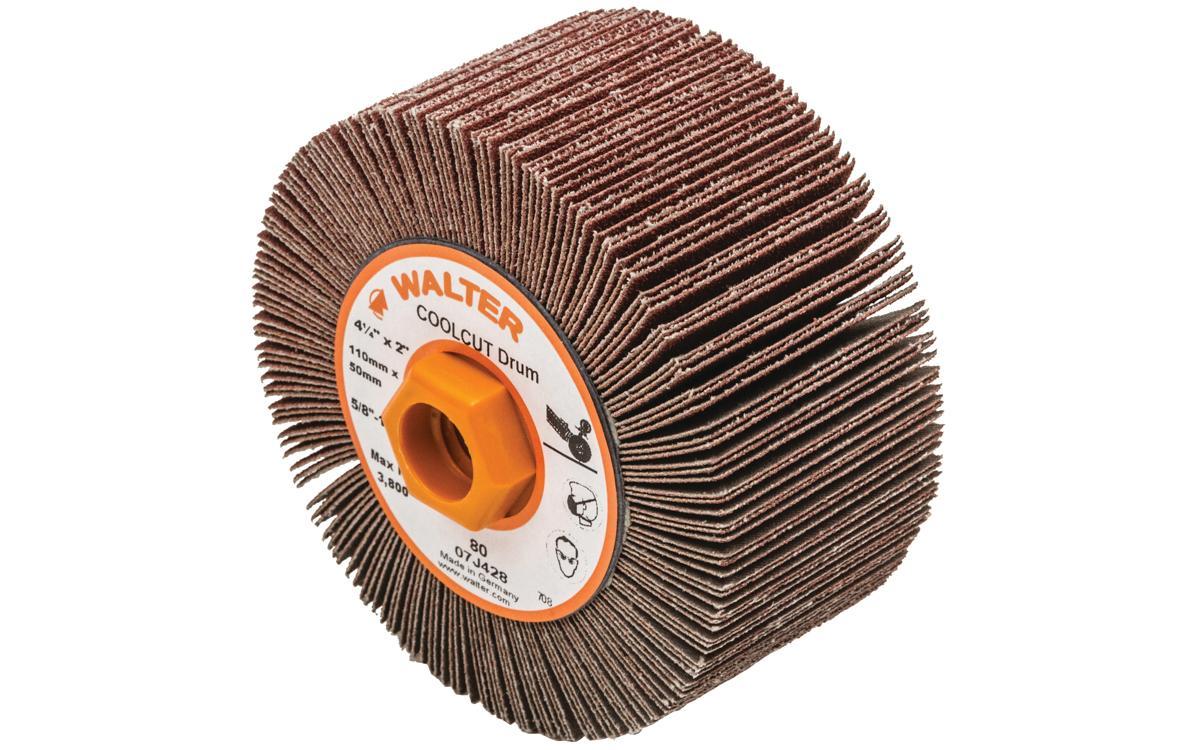 Walter Surface Technologies COOLCUT&trade; 07J428 Mounted Coated Flap Drum, 4-1/4 in Dia Wheel, 2 in W Face, 80 Grit, Medium Grade, Aluminum Oxide Abrasive