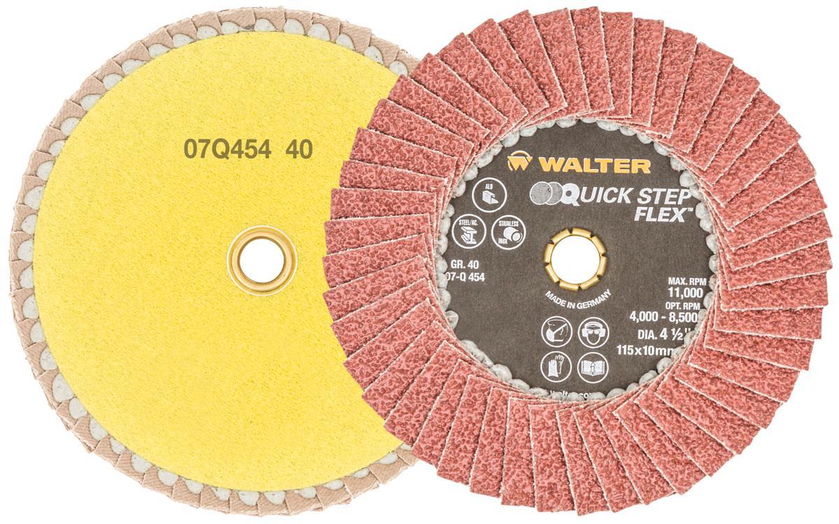 Walter Surface Technologies QUICK-STEP&trade; 07Q454 07-Q Close Flexible FLEX Coated Flap Disc, 4-1/2 in Dia Disc, 7/8 in Center Hole, 40 Grit, Coarse Grade, Aluminum Oxide Abrasive, Type 29 Disc