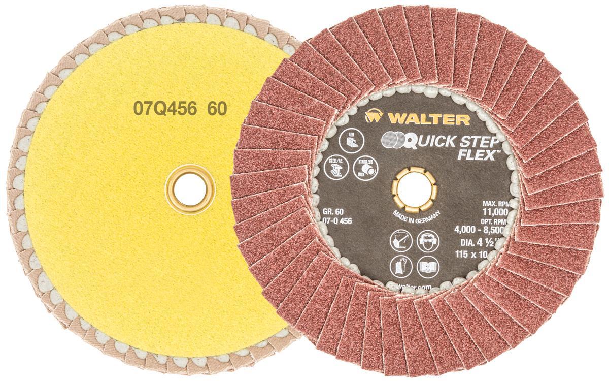 Walter Surface Technologies QUICK-STEP&trade; 07Q456 07-Q Close Flexible FLEX Coated Flap Disc, 4-1/2 in Dia Disc, 7/8 in Center Hole, 60 Grit, Medium Grade, Aluminum Oxide Abrasive, Type 29 Disc