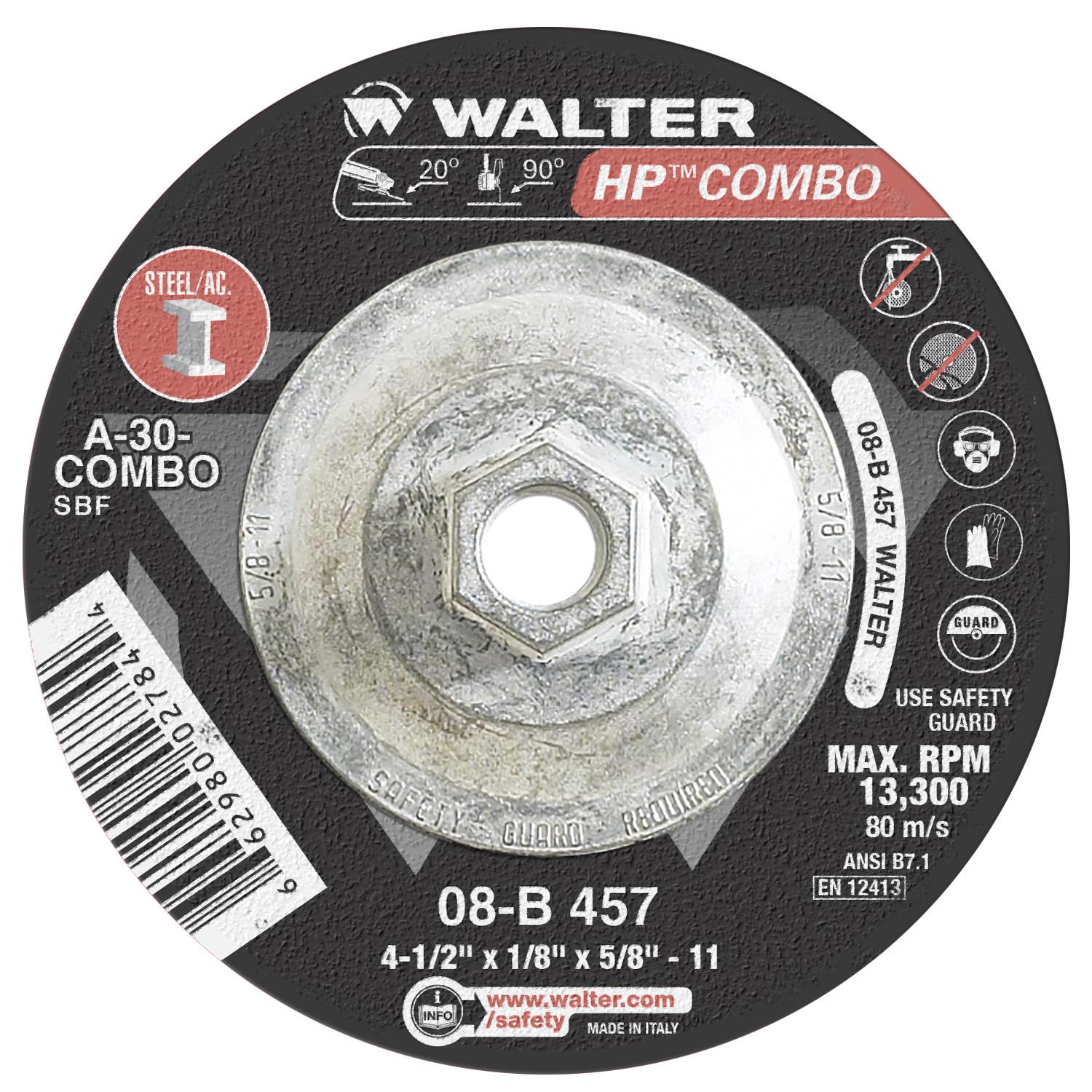 Walter Surface Technologies 08B457 HP COMBO&trade; High Performance Depressed Center Wheel, 4-1/2 in Dia x 1/8 in THK, 24 Grit, Aluminum Oxide Abrasive