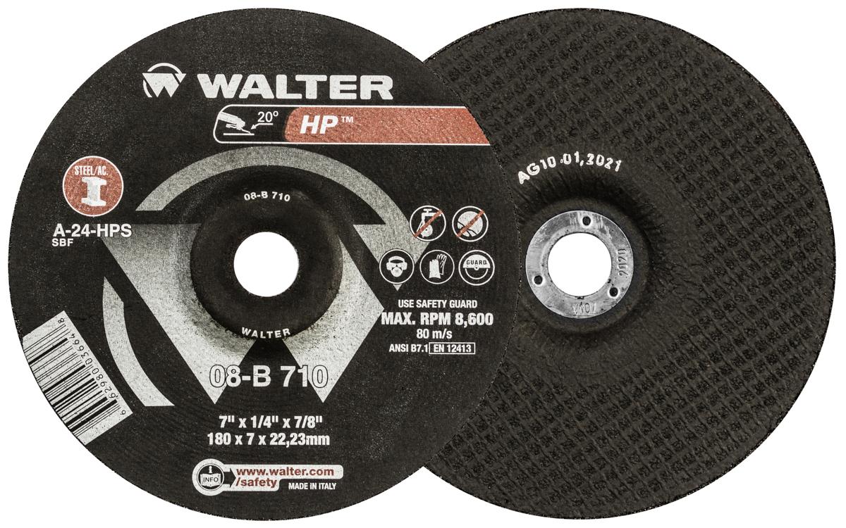 Walter Surface Technologies 08B710 HP&trade; High Performance Depressed Center Wheel, 7 in Dia x 1/4 in THK, 7/8 in Center Hole, 24 Grit, Aluminum Oxide Abrasive