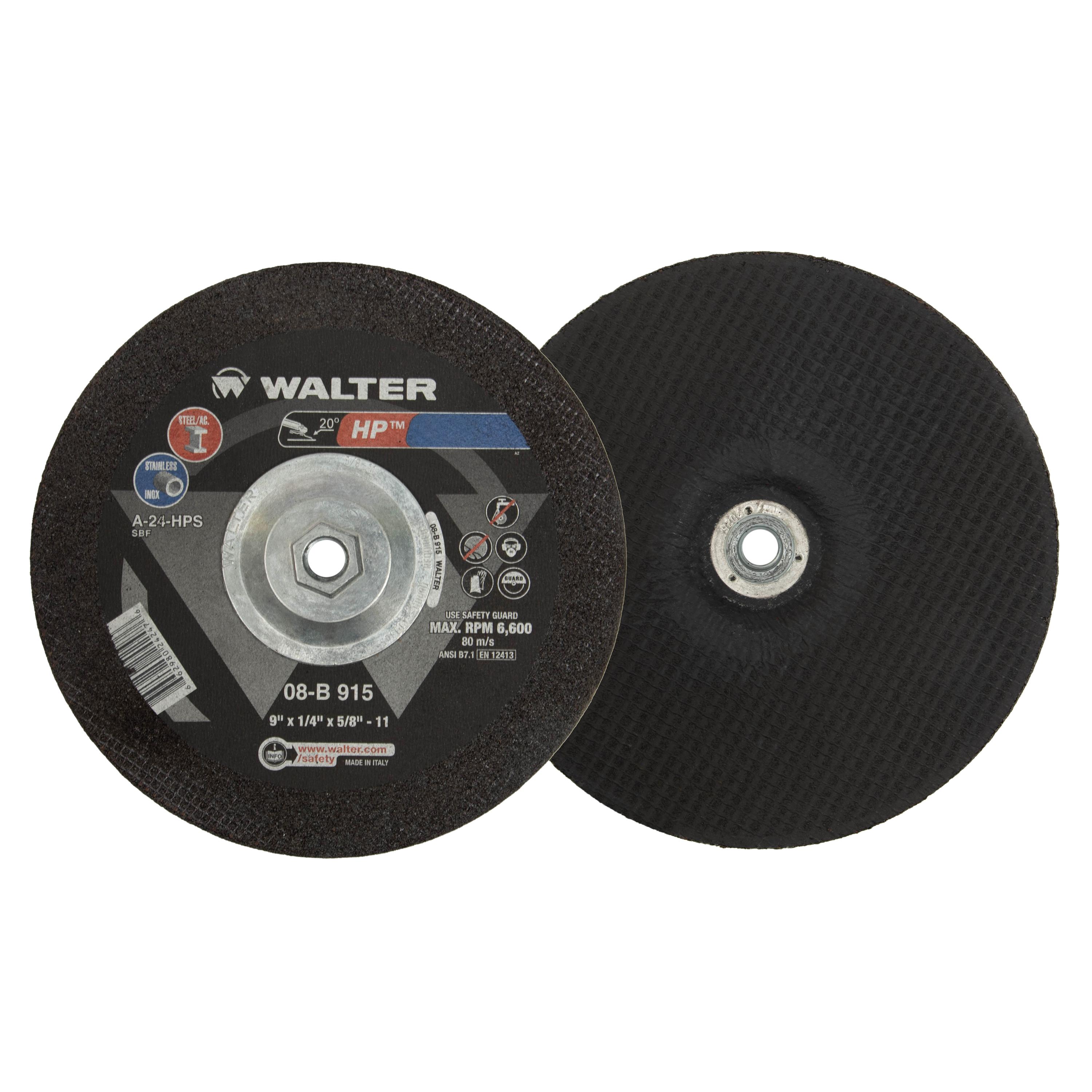 Walter Surface Technologies 08B915 High Performance Depressed Center Wheel, 9 in Dia x 1/4 in THK, 24 Grit, Aluminum Oxide Abrasive