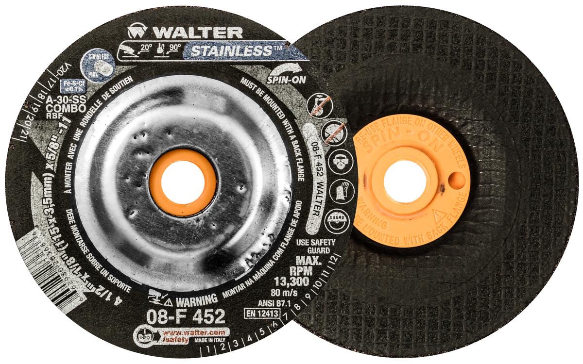 Walter Surface Technologies STAINLESS&trade; 08F452 High Performance Depressed Center Wheel, 4-1/2 in Dia x 1/8 in THK, 30 Grit, Aluminum Oxide Abrasive