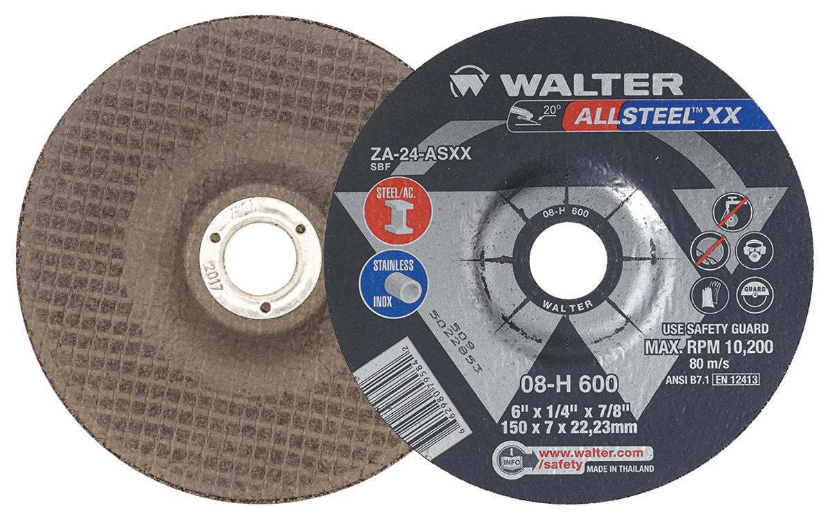 Walter Surface Technologies ALLSTEEL XX™ 08H600 Flat Depressed Center Wheel, 6 in Dia x 1/4 in THK, 7/8 in Center Hole, 24 Grit, Aluminum Oxide Abrasive